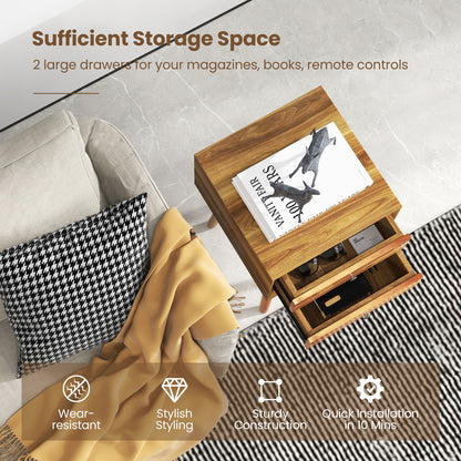 Wooden Nightstand Mid-Century End Side Table with 2 Storage Drawers-Natural