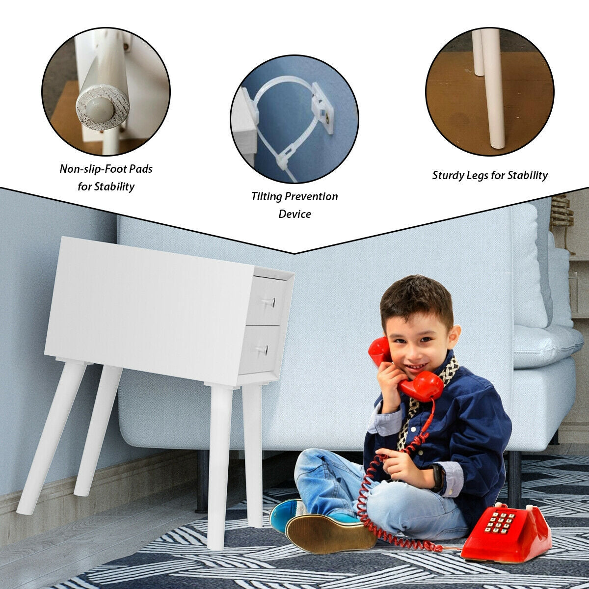 Wooden Nightstand Mid-Century End Side Table with 2 Storage Drawers-White Kids Crystal