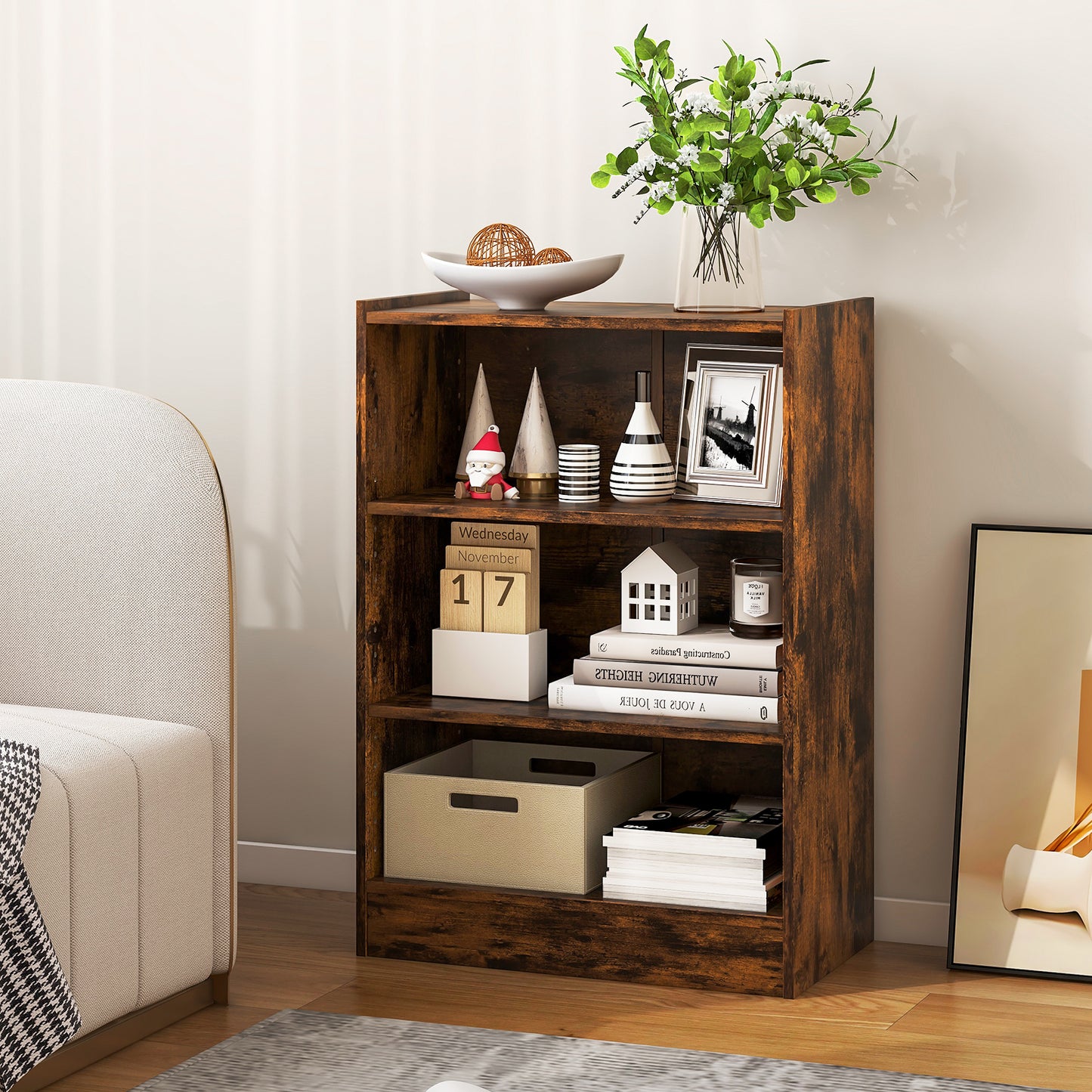 3-Tier Bookcase Open Display Rack Cabinet with Adjustable Shelves-Rustic Brown Kids Crystal
