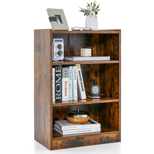 3-Tier Bookcase Open Display Rack Cabinet with Adjustable Shelves-Rustic Brown Kids Crystal
