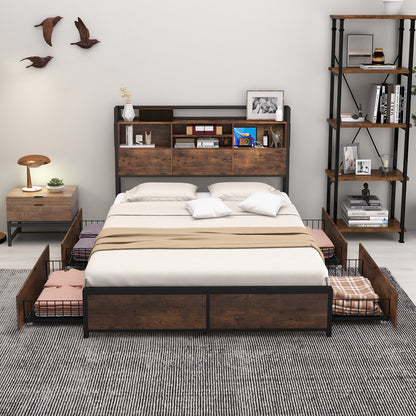 Full/Queen Size Bed Frame with Bookcase Headboard and 4 Storage Drawers-Full Size