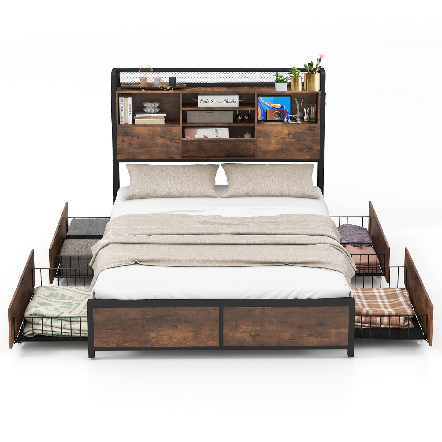 Full/Queen Size Bed Frame with Bookcase Headboard and 4 Storage Drawers-Full Size Kids Crystal