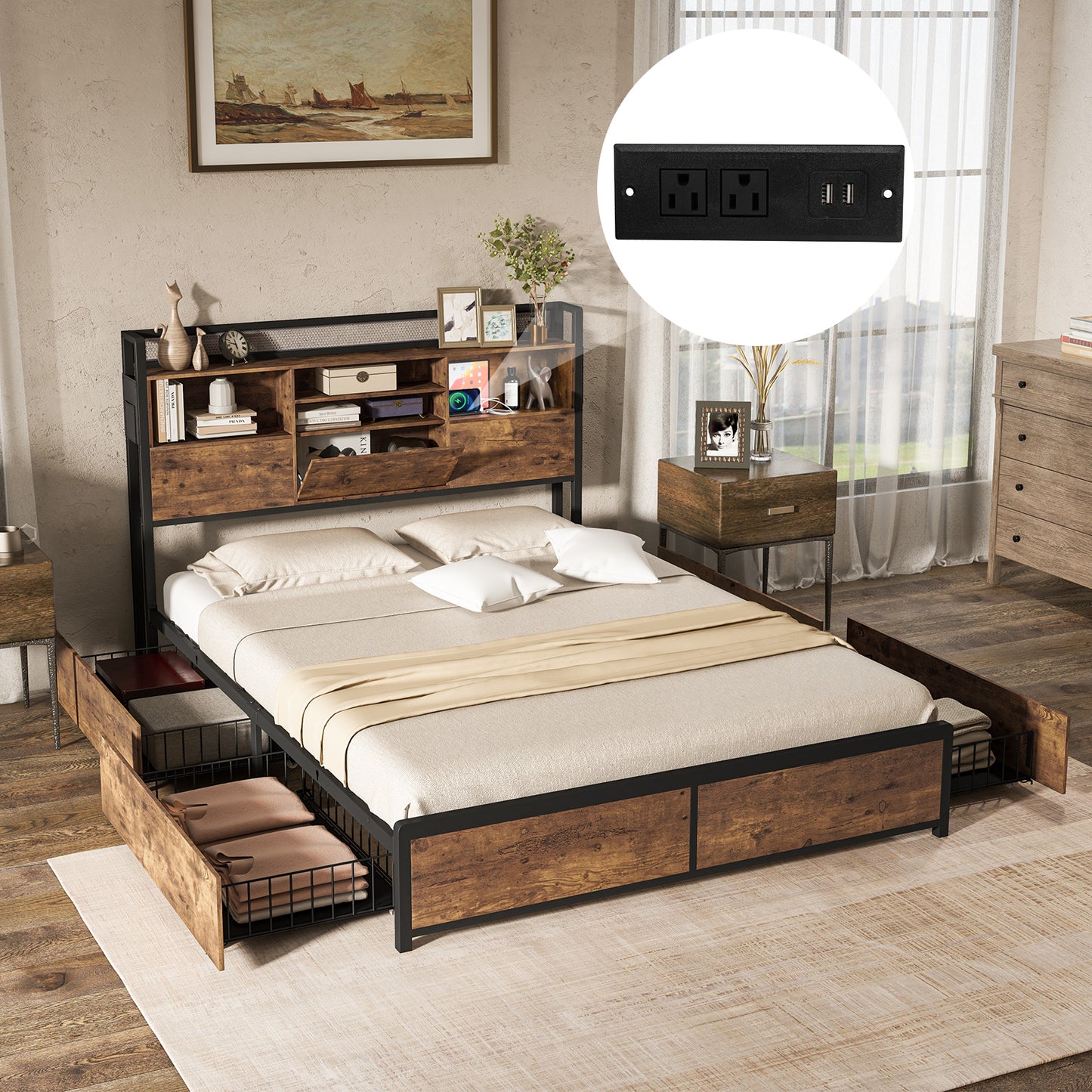 Full/Queen Size Bed Frame with Bookcase Headboard and 4 Storage Drawers-Full Size Kids Crystal