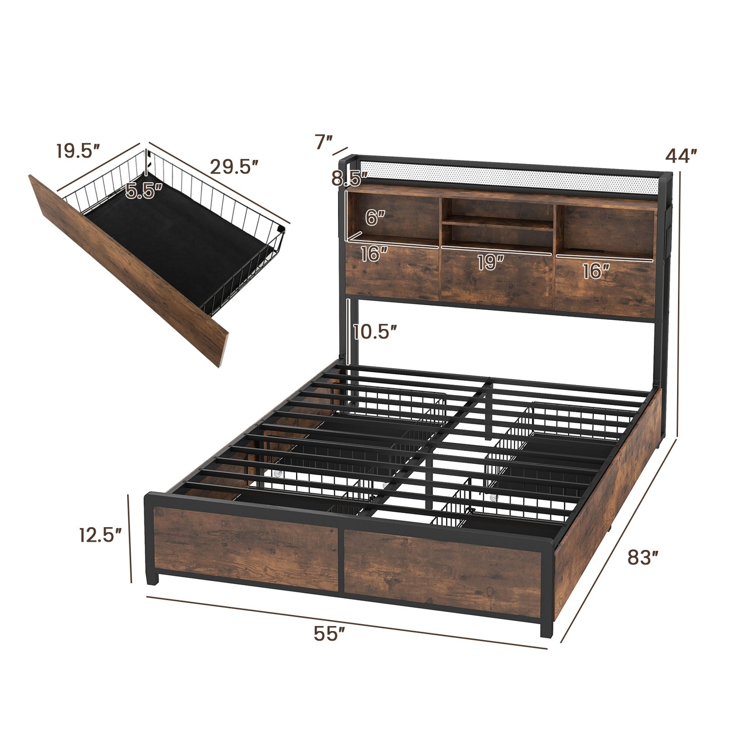 Full/Queen Size Bed Frame with Bookcase Headboard and 4 Storage Drawers-Full Size Kids Crystal