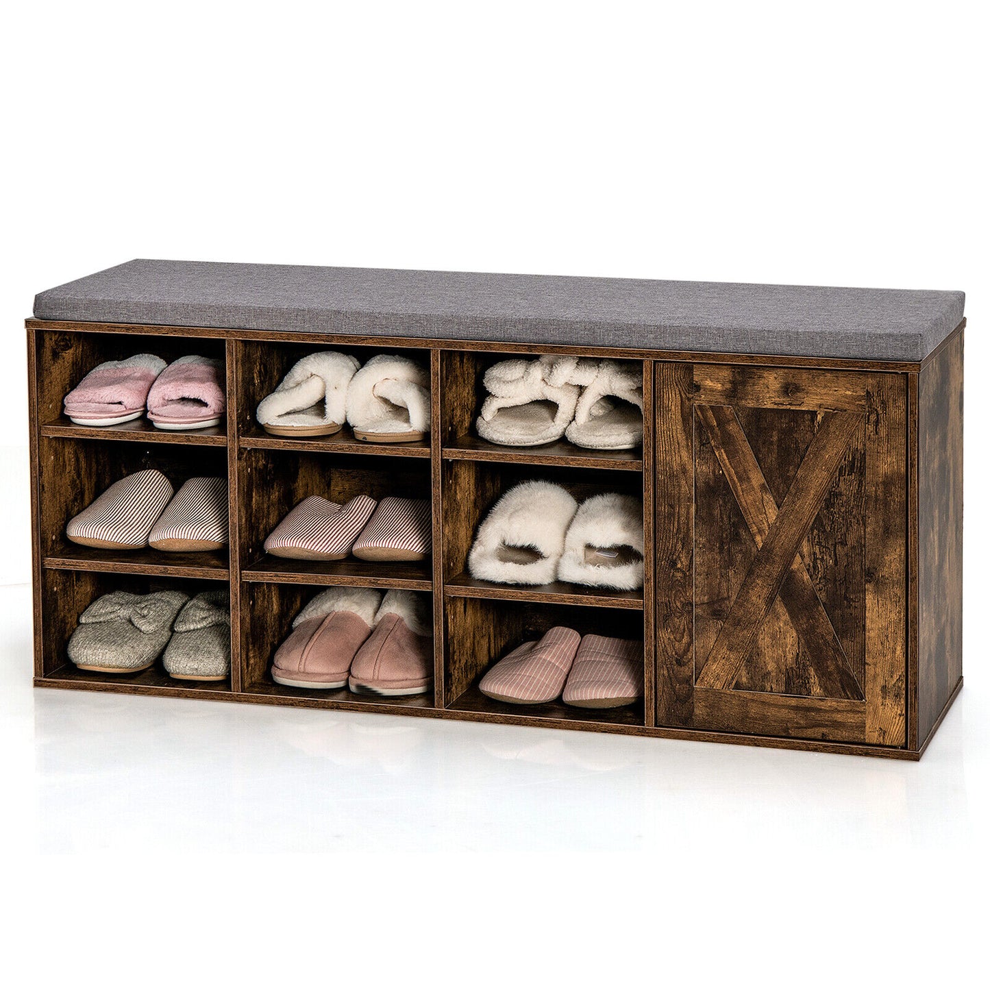9-cube Adjustable Storage Shoe Bench with Padded Cushion-Rustic Brown Kids Crystal