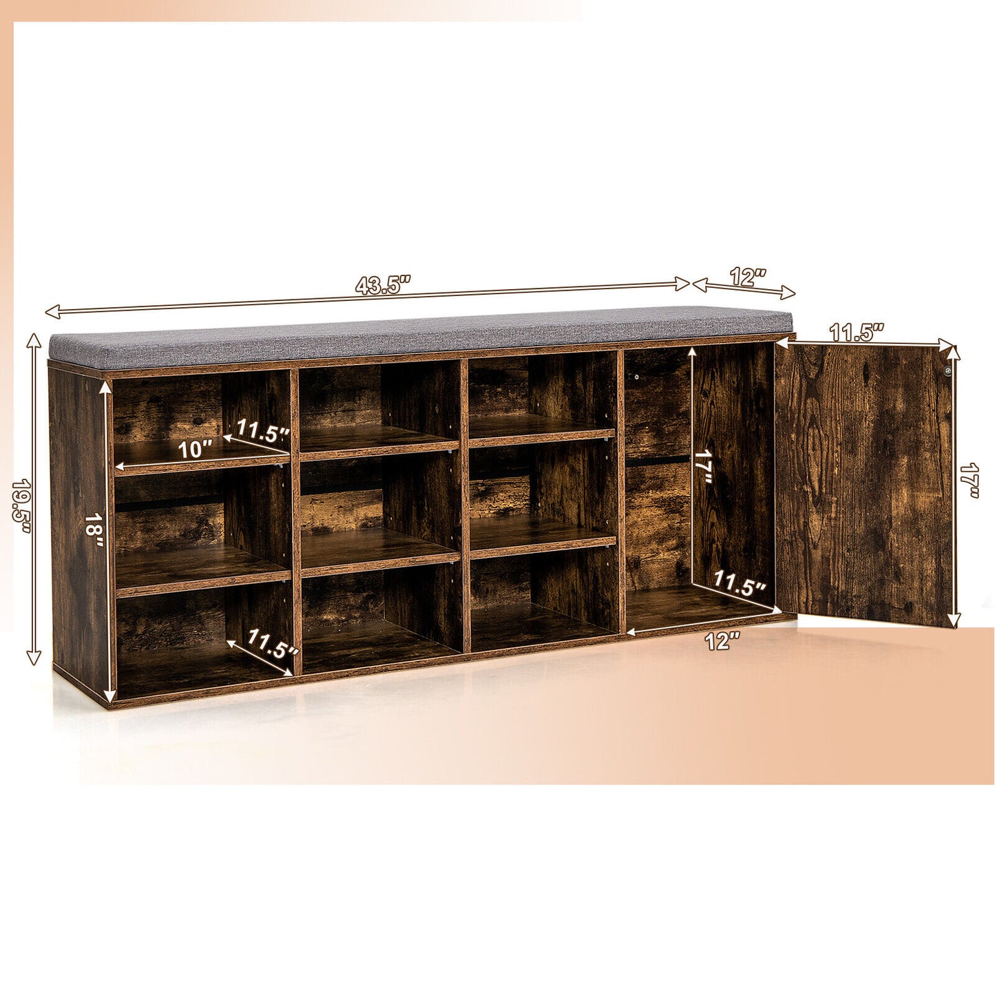 9-cube Adjustable Storage Shoe Bench with Padded Cushion-Rustic Brown Kids Crystal