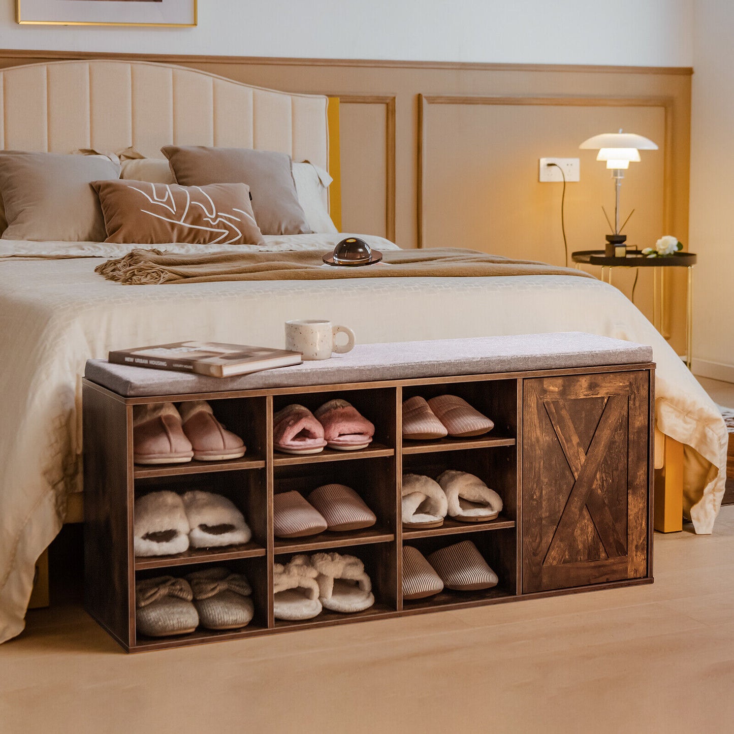 9-cube Adjustable Storage Shoe Bench with Padded Cushion-Rustic Brown Kids Crystal