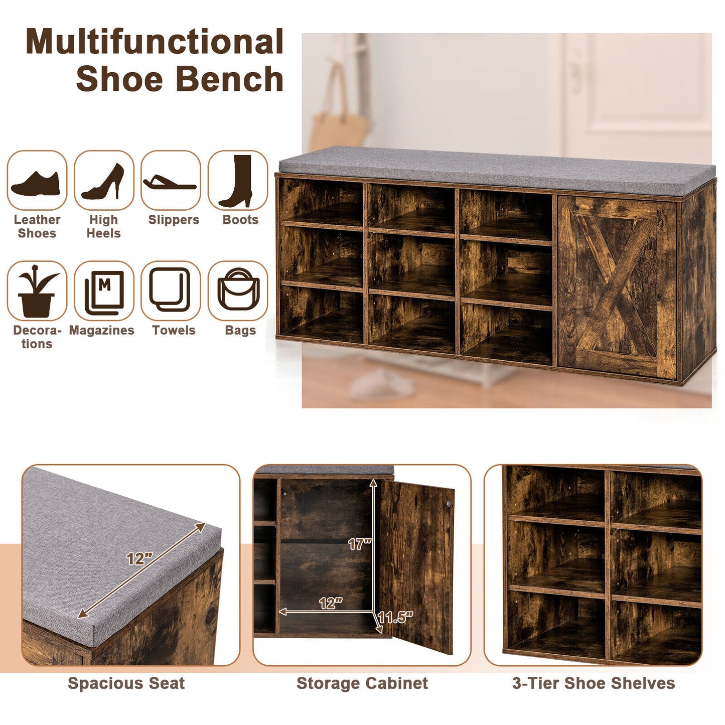 9-cube Adjustable Storage Shoe Bench with Padded Cushion-Rustic Brown Kids Crystal