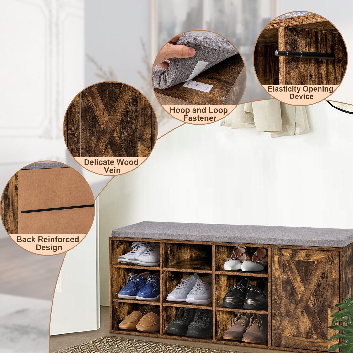 9-cube Adjustable Storage Shoe Bench with Padded Cushion-Rustic Brown Kids Crystal
