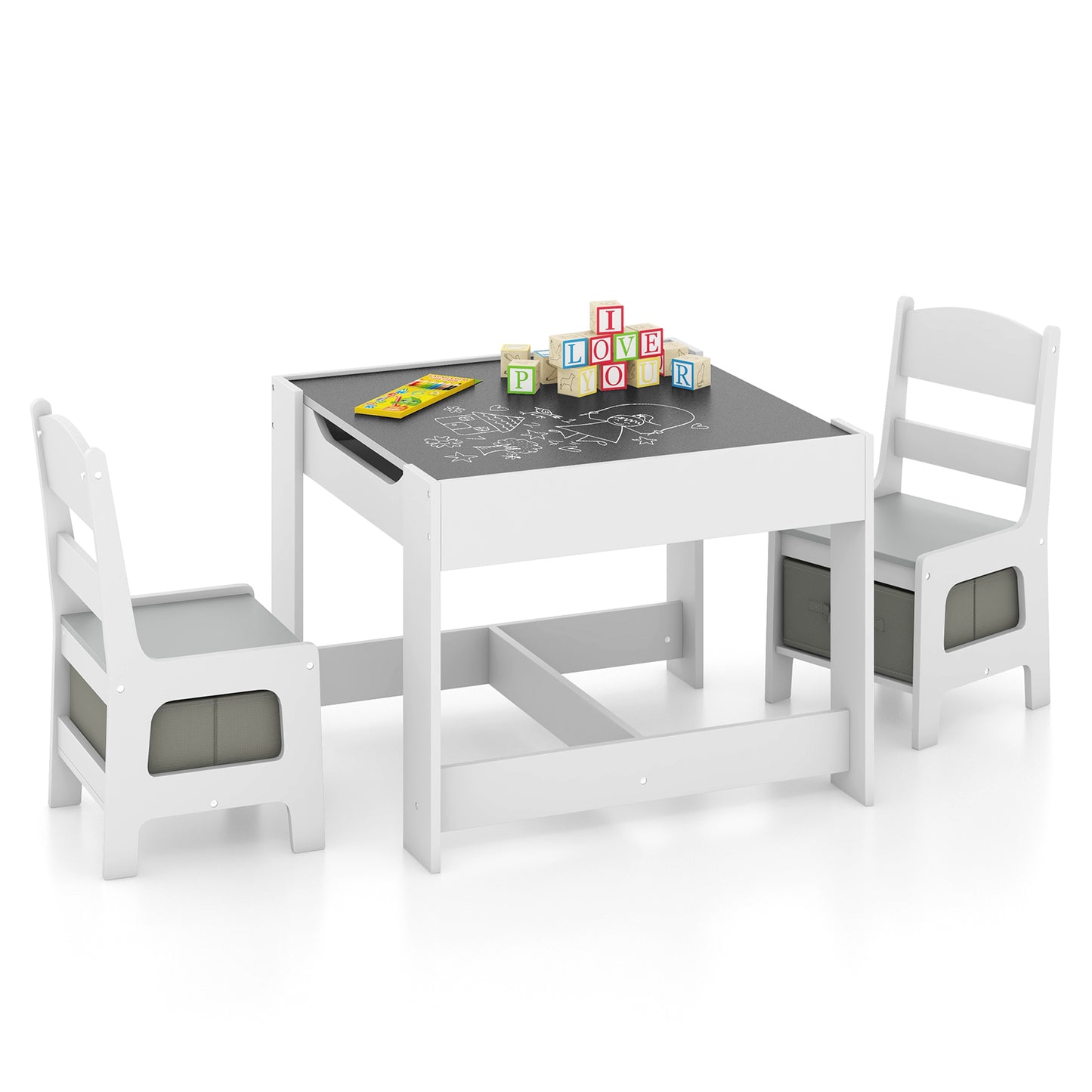 Kids Table Chairs Set With Storage Boxes Blackboard Whiteboard Drawing-White Kids Crystal