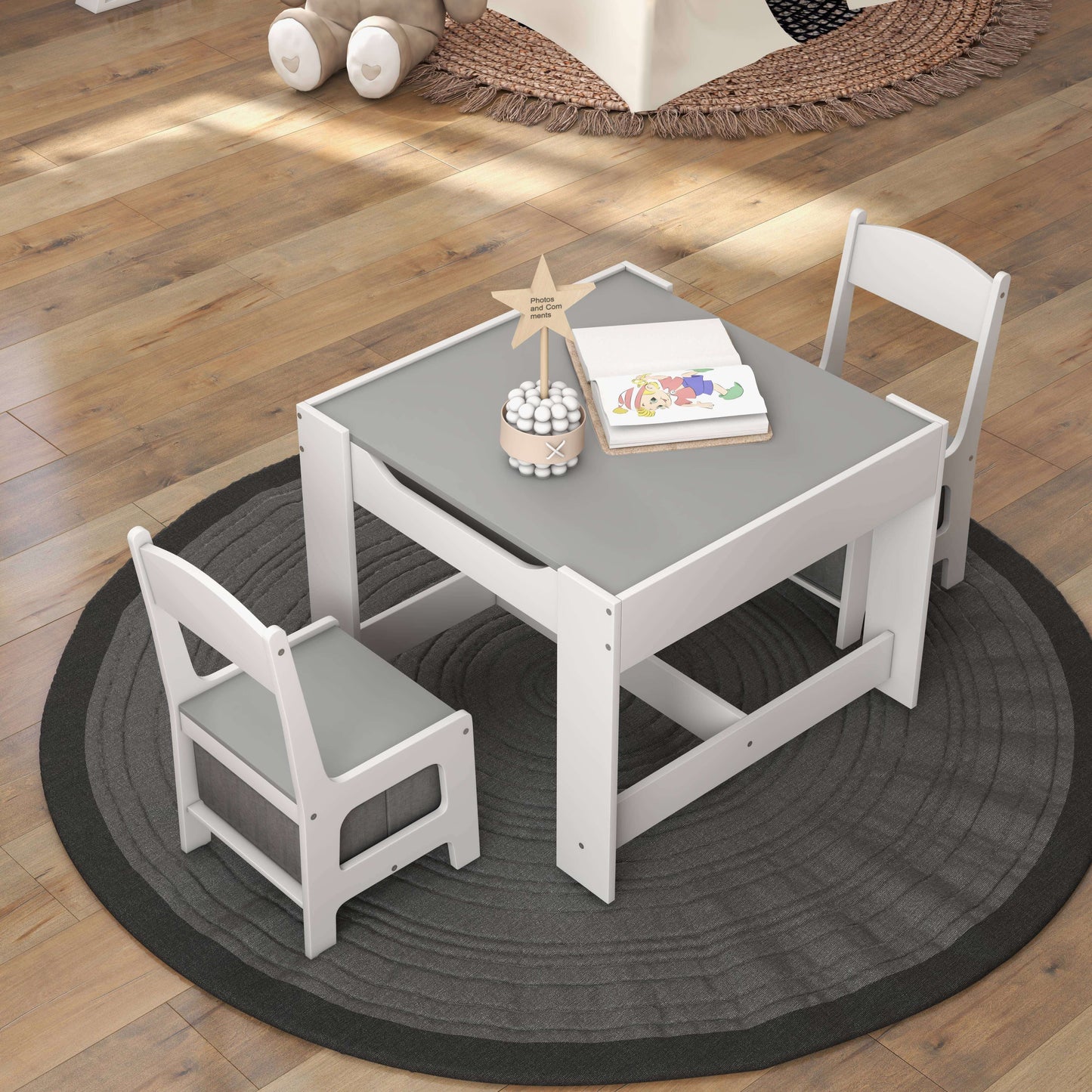 Kids Table Chairs Set With Storage Boxes Blackboard Whiteboard Drawing-White Kids Crystal