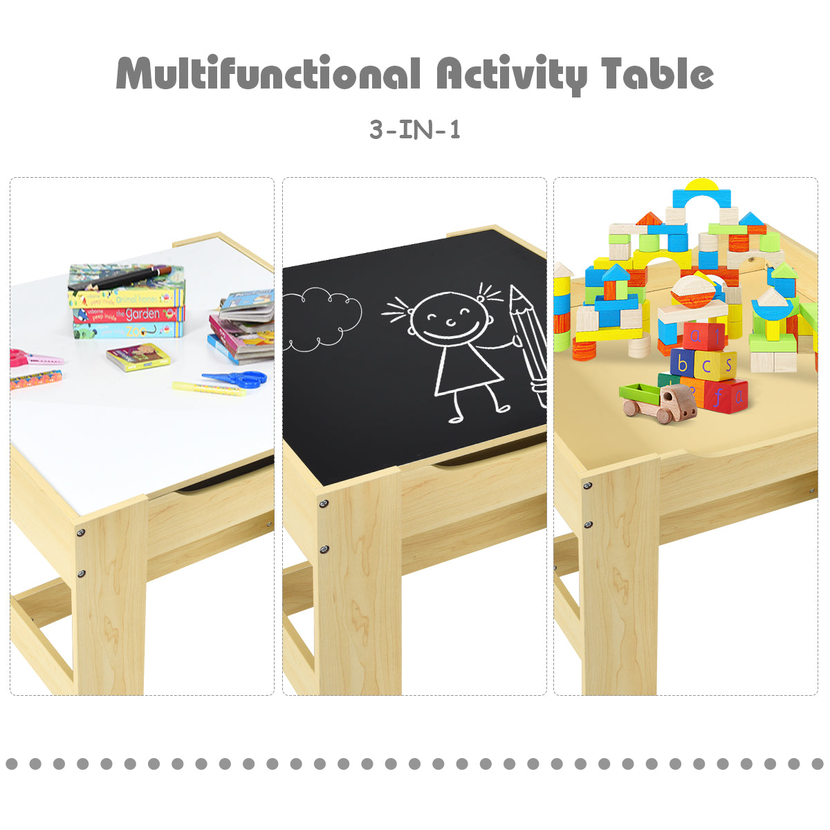 Kids Table Chairs Set With Storage Boxes Blackboard Whiteboard Drawing-Natural Kids Crystal
