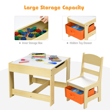 Kids Table Chairs Set With Storage Boxes Blackboard Whiteboard Drawing-Natural