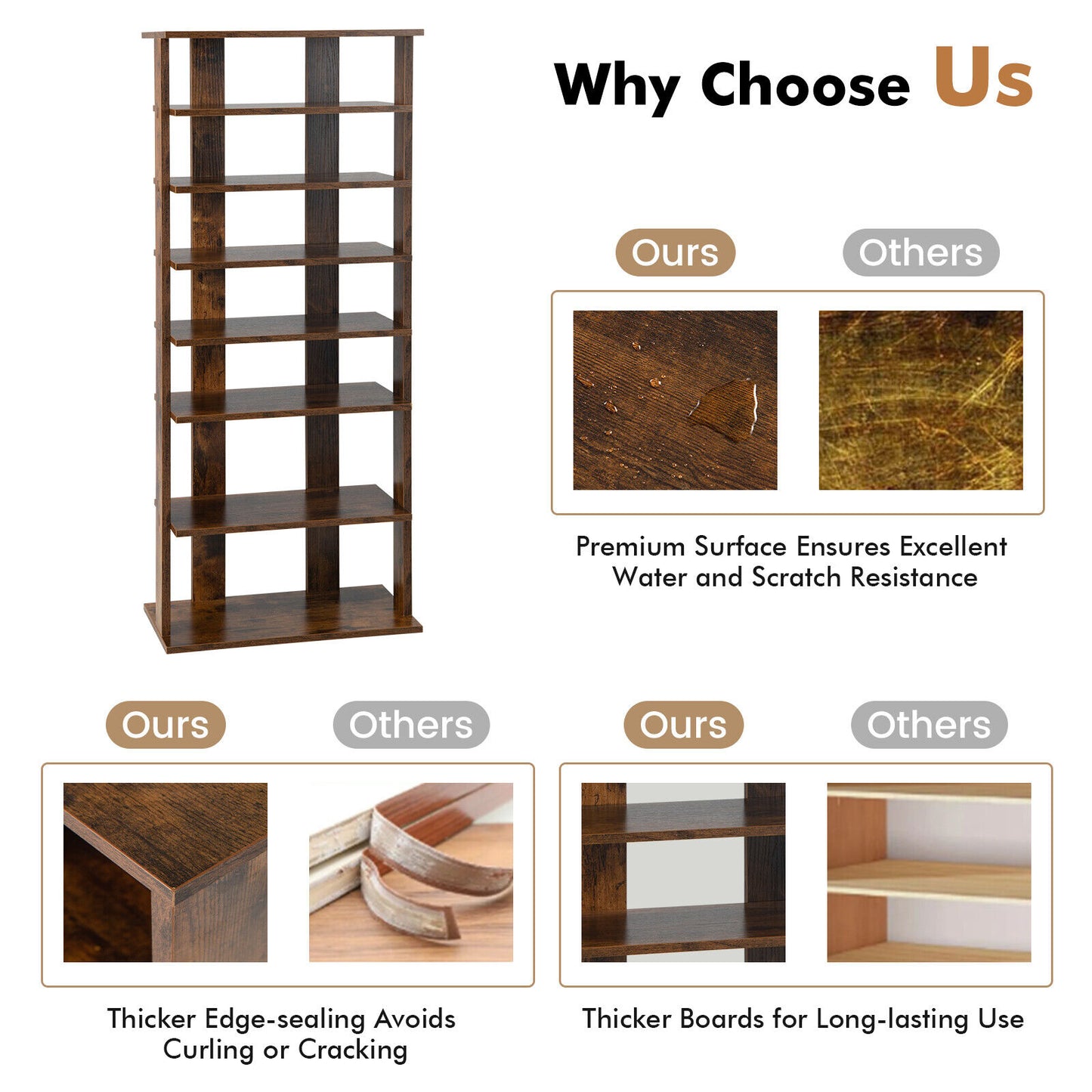 7 Tiers Vertical Shoe Rack for Front Door-Rustic Brown Kids Crystal