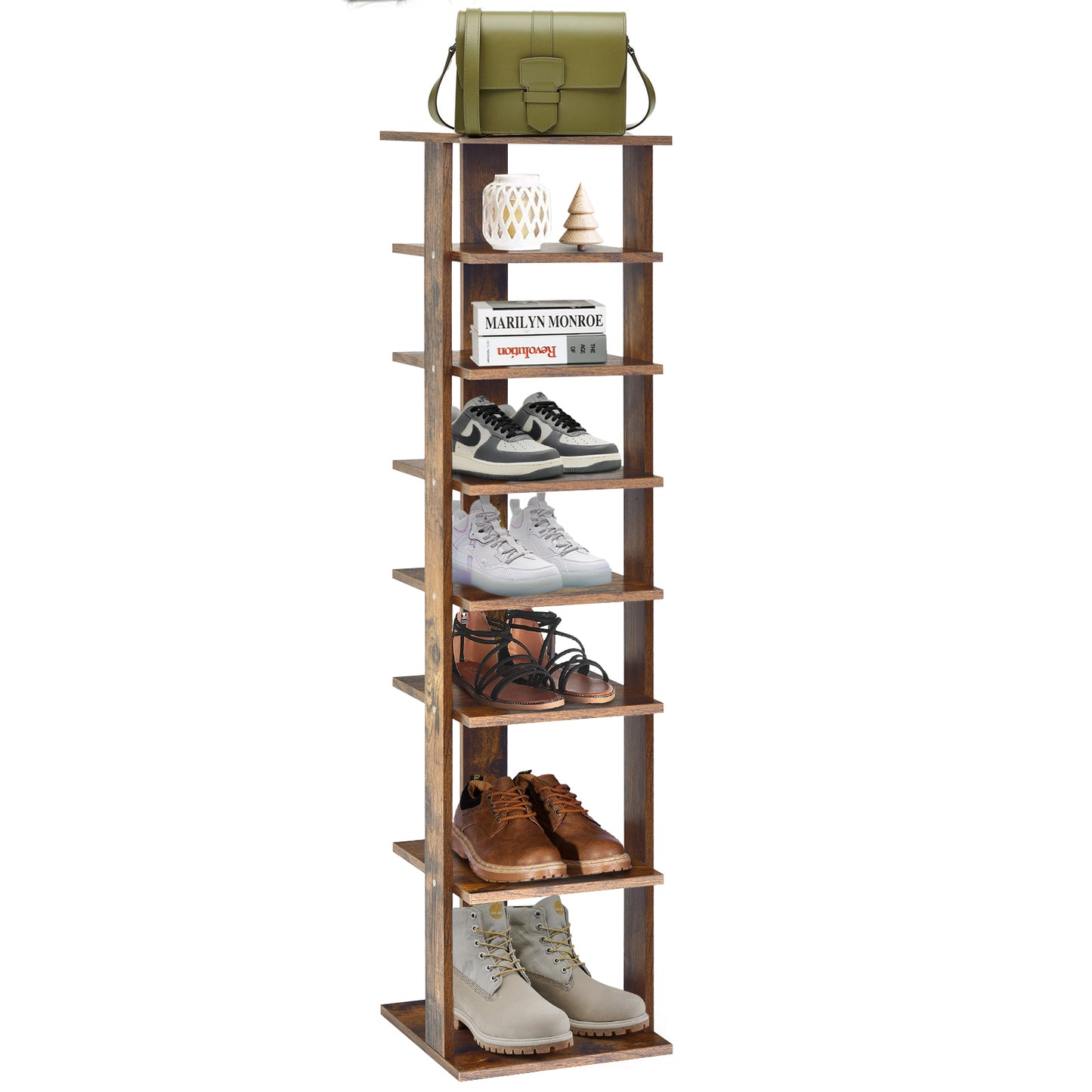 Wooden Shoes Storage Stand 7 Tiers Shoe Rack Organizer Multi-shoe Rack Shoebox-Rustic Brown Kids Crystal