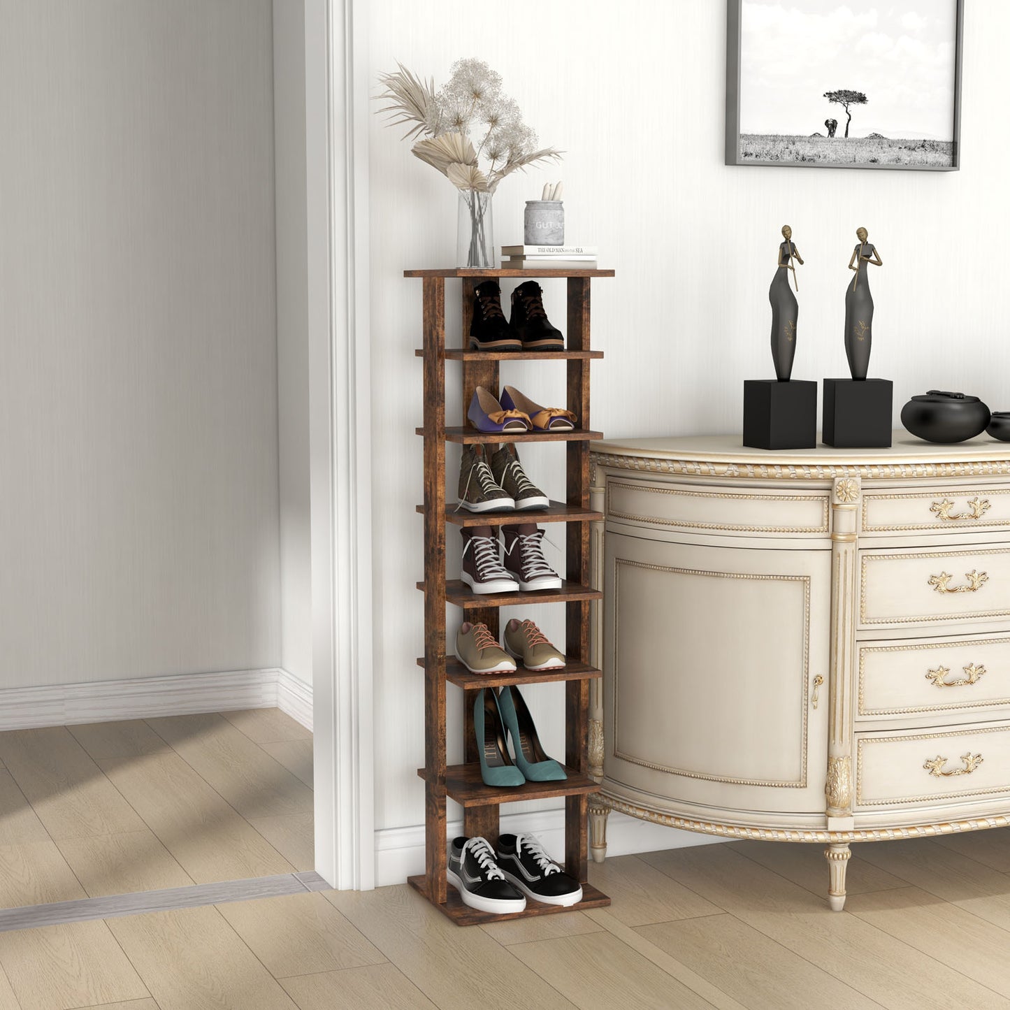Wooden Shoes Storage Stand 7 Tiers Shoe Rack Organizer Multi-shoe Rack Shoebox-Rustic Brown Kids Crystal