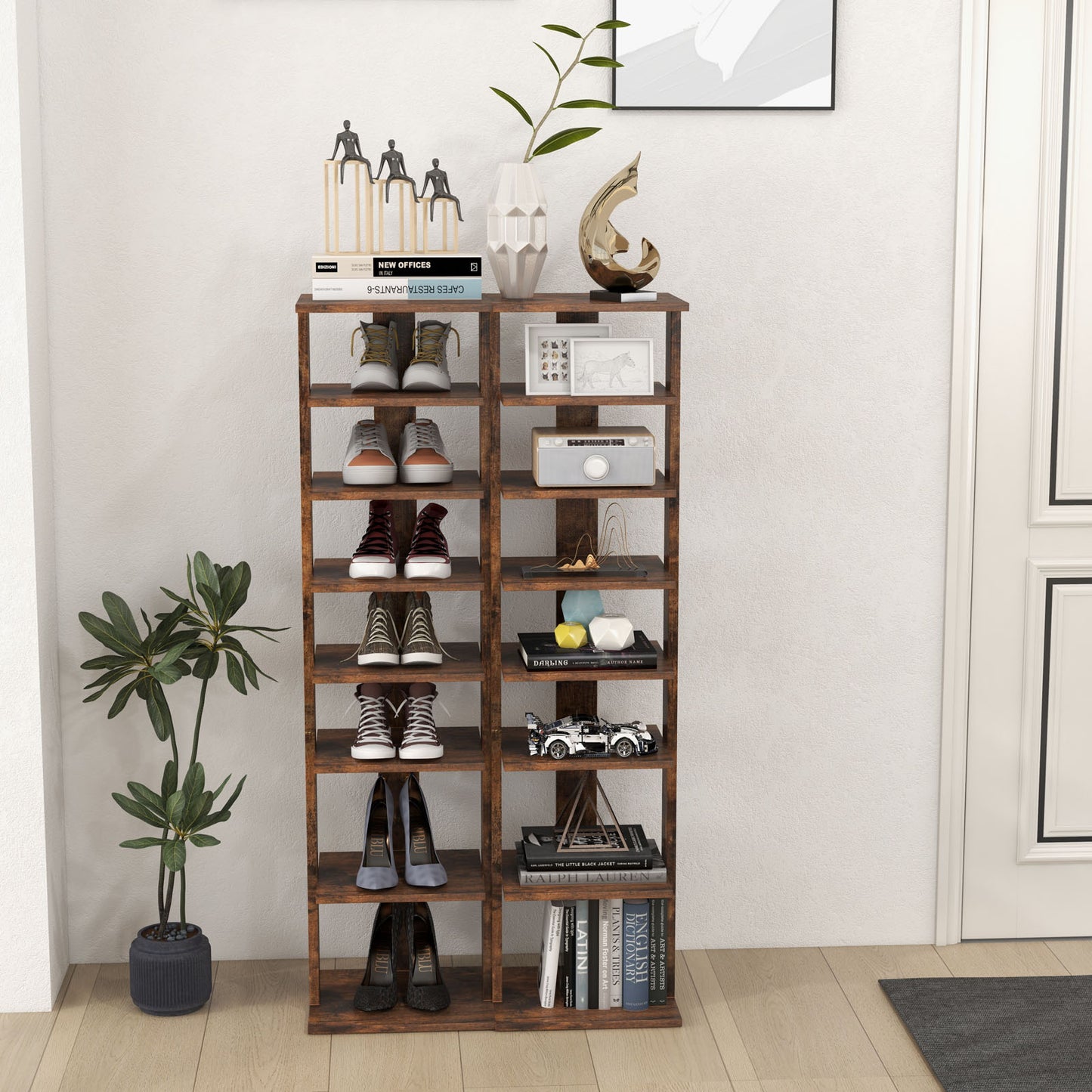 Wooden Shoes Storage Stand 7 Tiers Shoe Rack Organizer Multi-shoe Rack Shoebox-Rustic Brown Kids Crystal