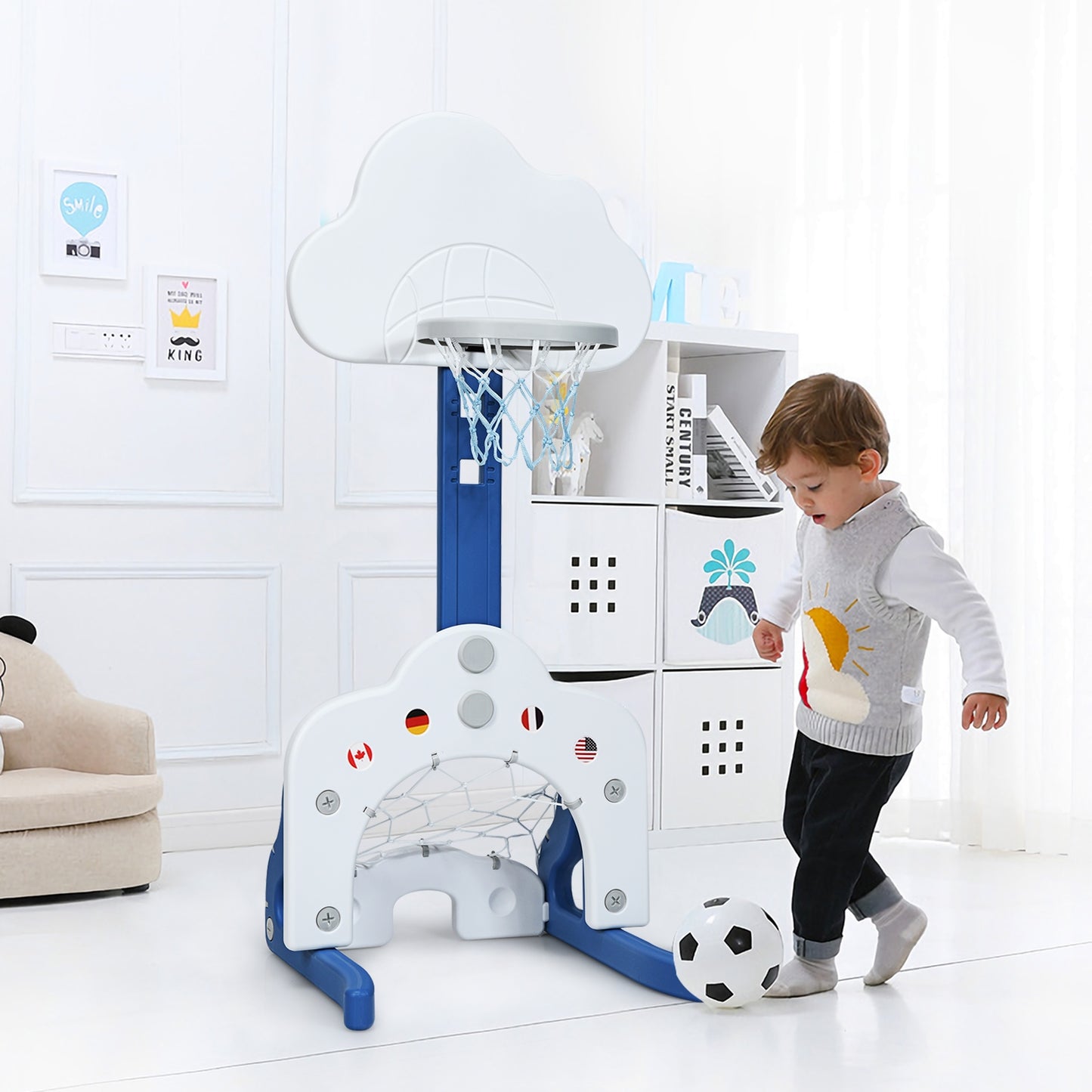 3 in 1 Kids Basketball Hoop Set with Balls-White Kids Crystal