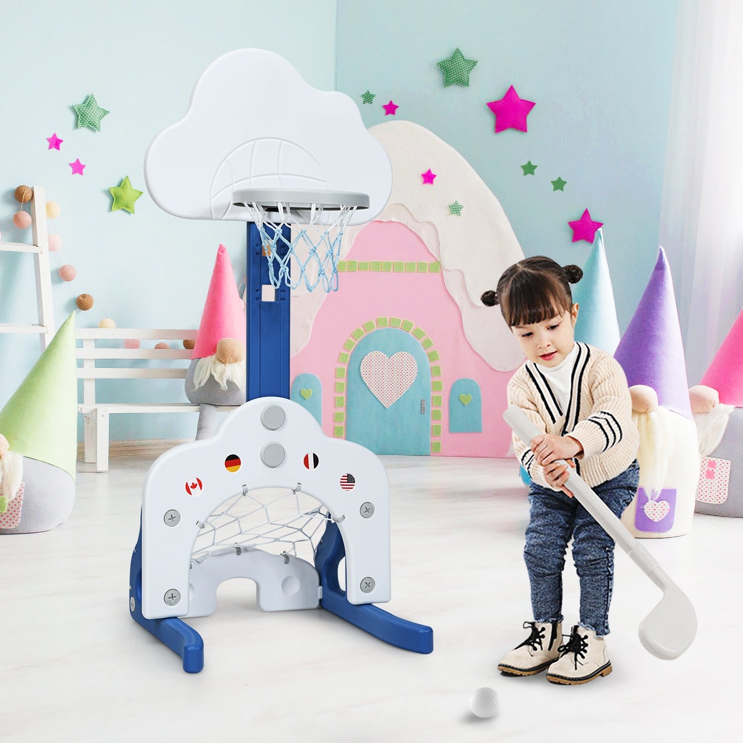 3 in 1 Kids Basketball Hoop Set with Balls-White Kids Crystal