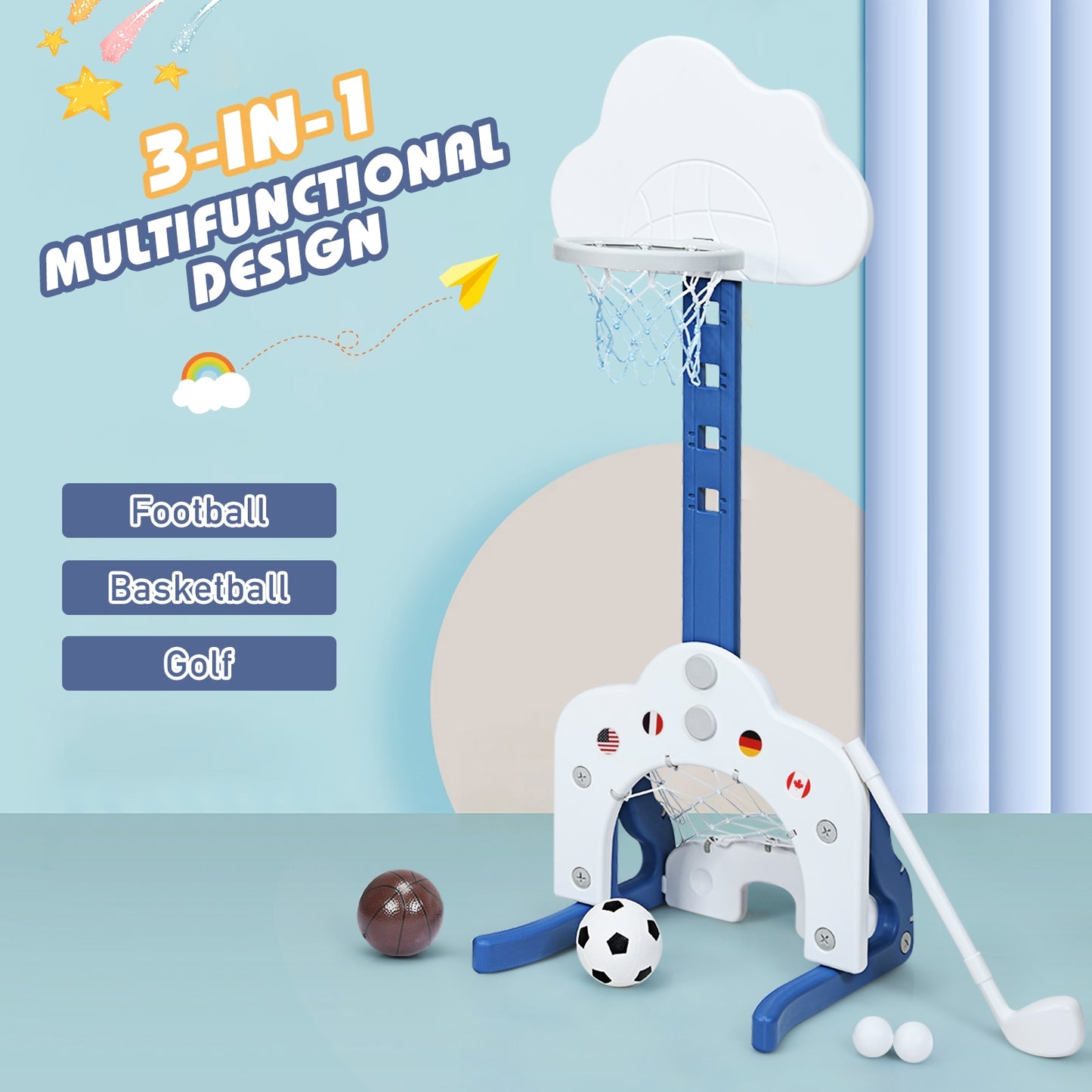 3 in 1 Kids Basketball Hoop Set with Balls-White Kids Crystal