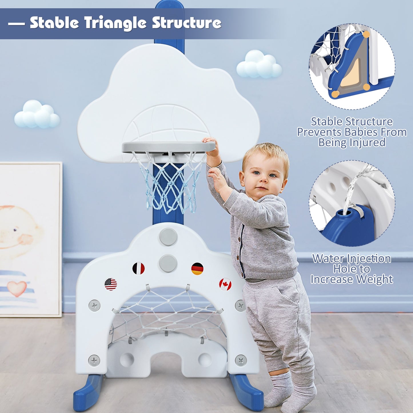3 in 1 Kids Basketball Hoop Set with Balls-White Kids Crystal