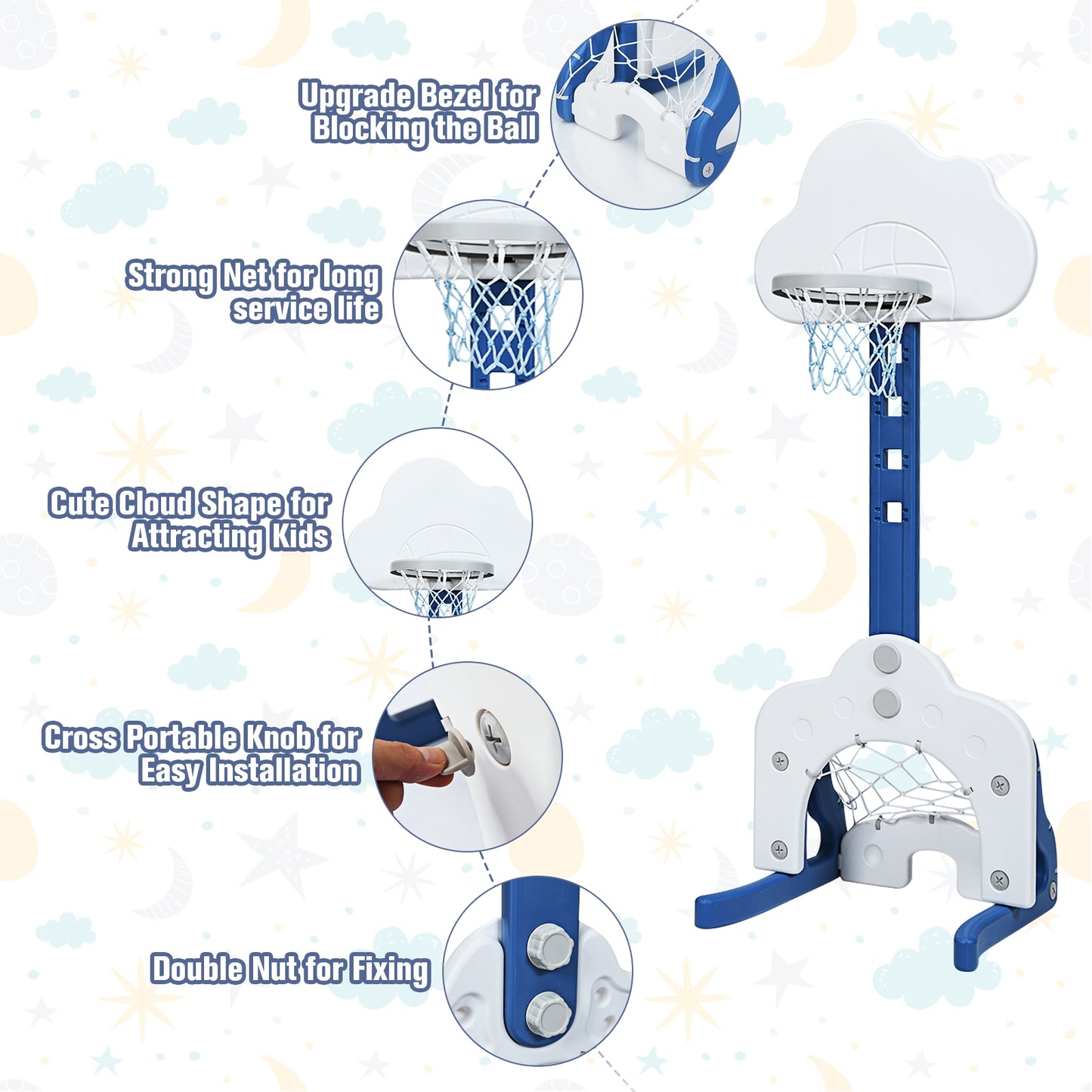 3 in 1 Kids Basketball Hoop Set with Balls-White Kids Crystal