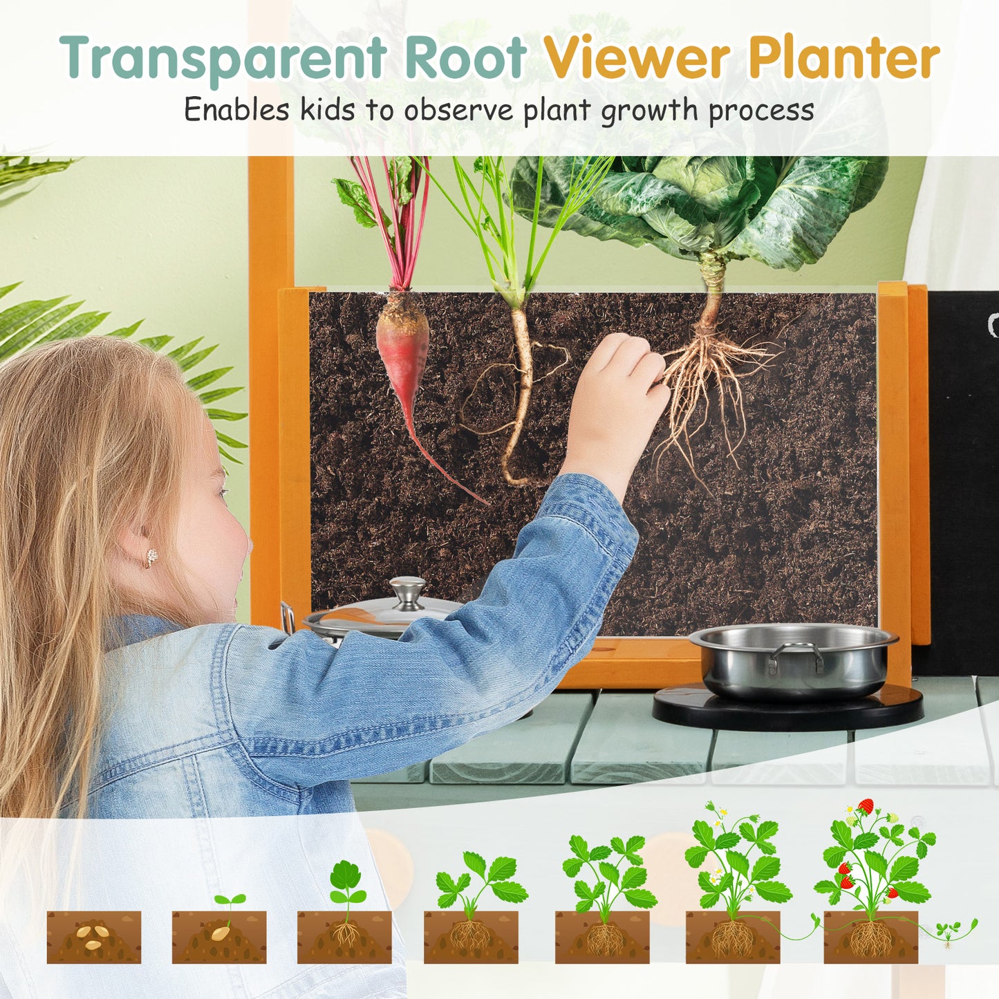 Kids Kitchen Playset with Root Viewer Planter and Rotatable Faucet Kids Crystal
