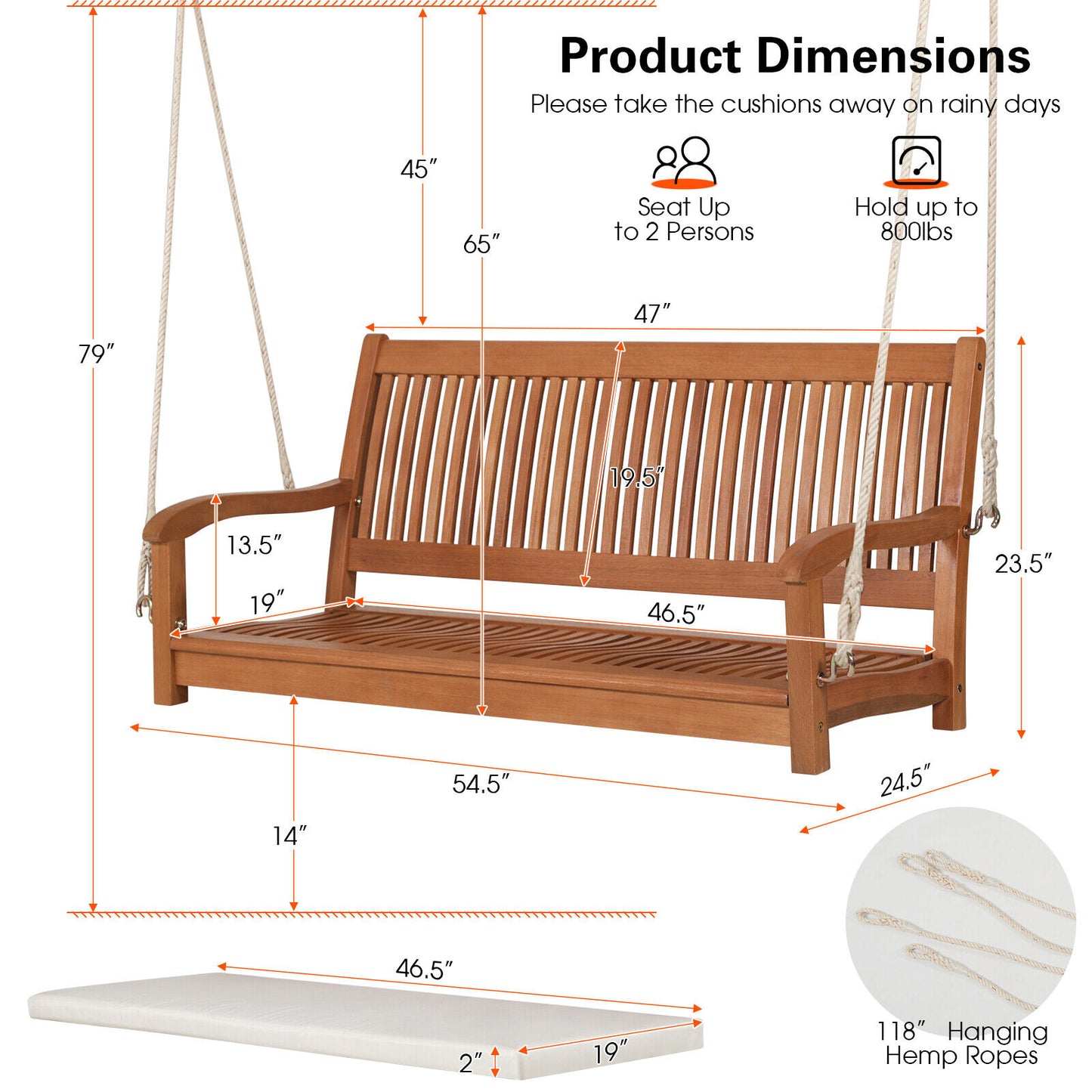 2-Person Hanging Porch Swing Wood Bench with Cushion Curved Back Kids Crystal