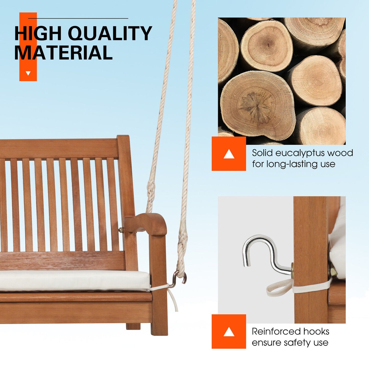 2-Person Hanging Porch Swing Wood Bench with Cushion Curved Back Kids Crystal