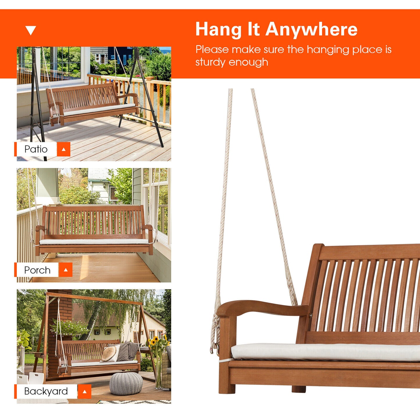2-Person Hanging Porch Swing Wood Bench with Cushion Curved Back Kids Crystal