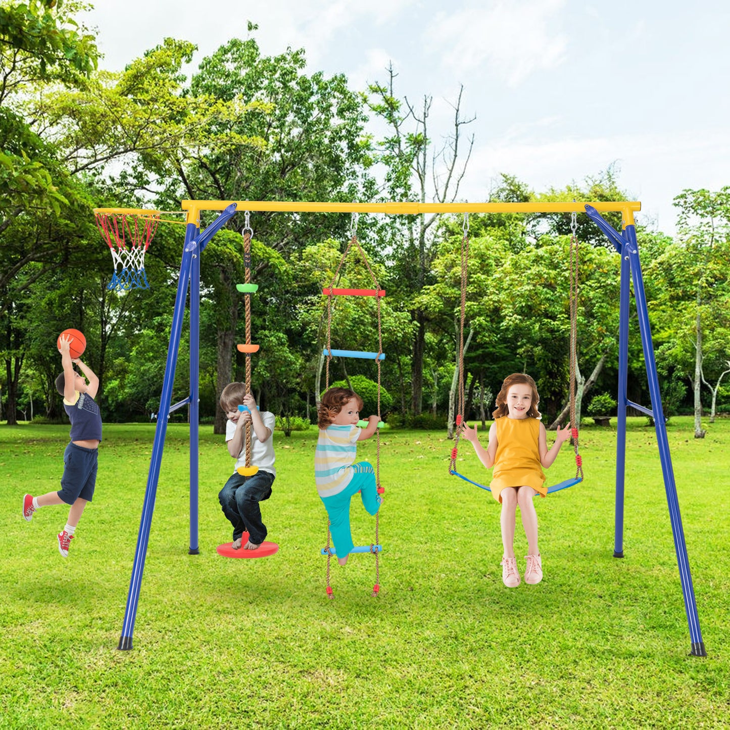 4-in-1 660 lbs Heavy Duty Swing Set for Kids Aged 3-9 Years Old-Yellow Kids Crystal