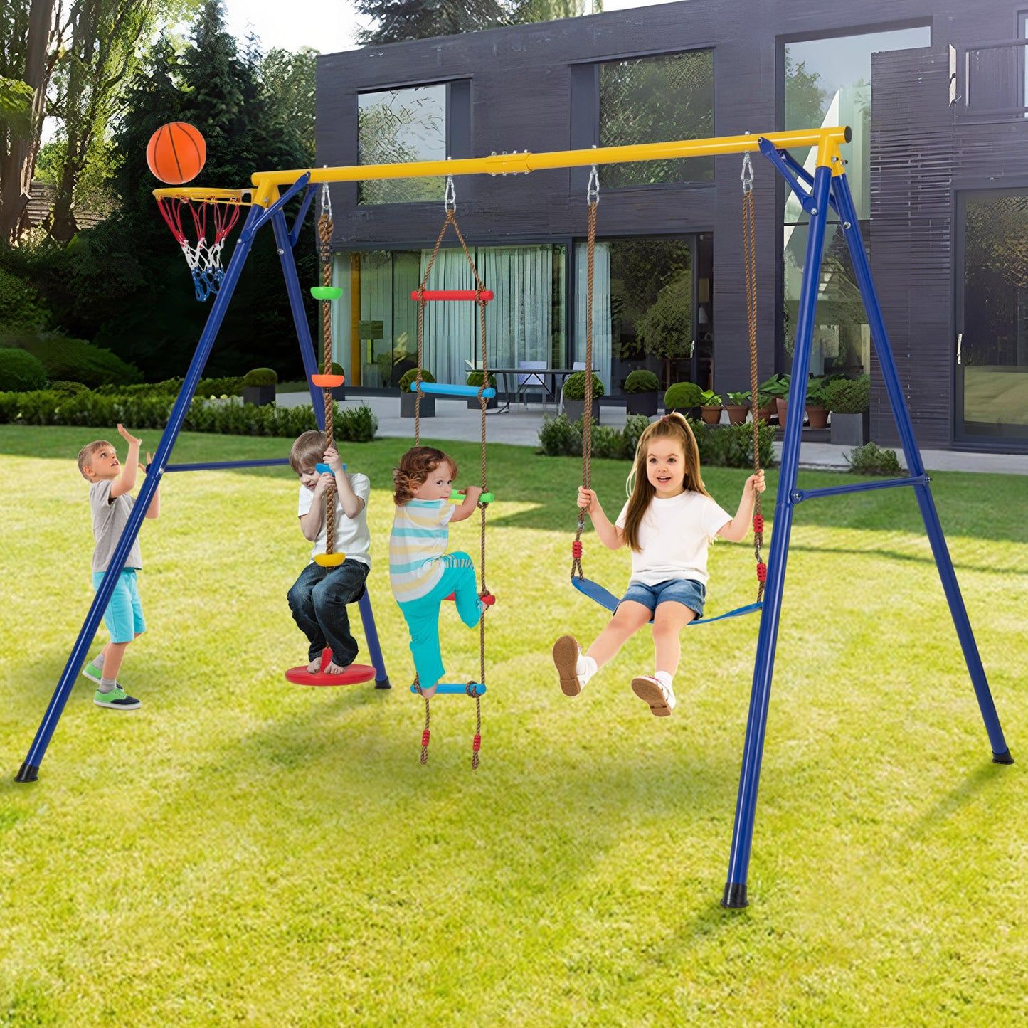 4-in-1 660 lbs Heavy Duty Swing Set for Kids Aged 3-9 Years Old-Yellow Kids Crystal