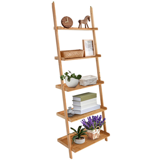 5-Tier Ladder Shelf Bamboo Bookshelf Wall-Leaning Storage Display Plant Stand-Natural Kids Crystal
