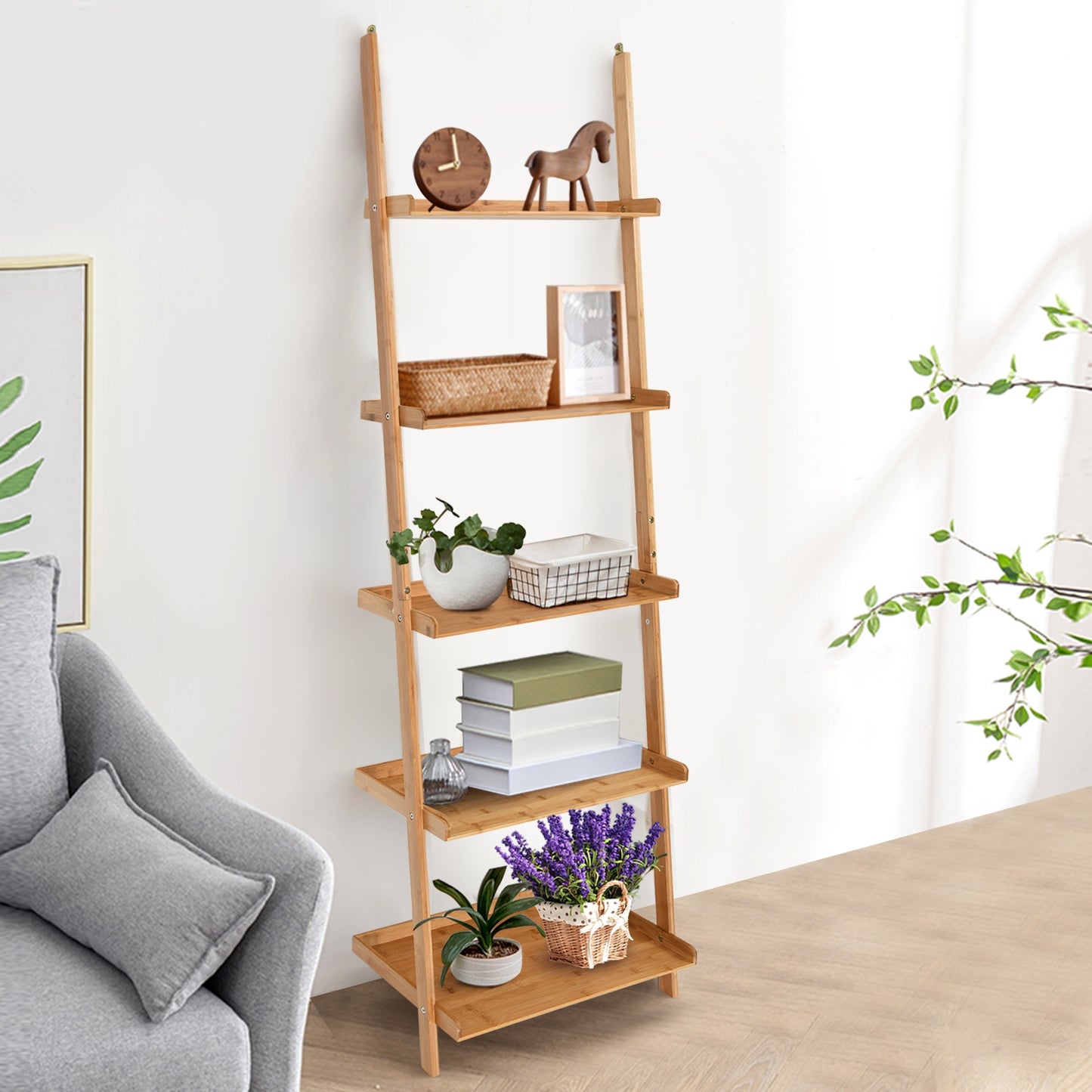 5-Tier Ladder Shelf Bamboo Bookshelf Wall-Leaning Storage Display Plant Stand-Natural Kids Crystal