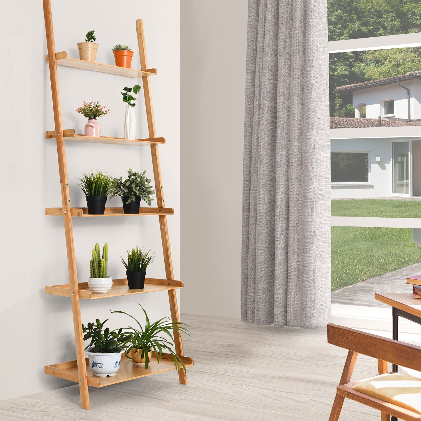 5-Tier Ladder Shelf Bamboo Bookshelf Wall-Leaning Storage Display Plant Stand-Natural Kids Crystal
