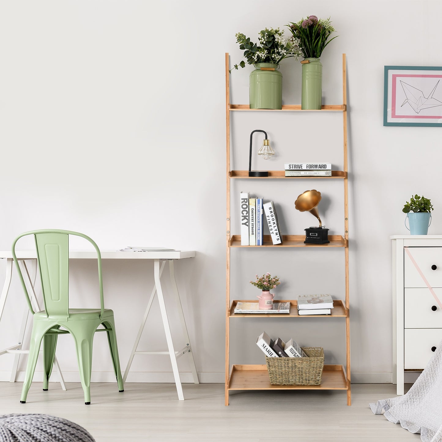 5-Tier Ladder Shelf Bamboo Bookshelf Wall-Leaning Storage Display Plant Stand-Natural Kids Crystal