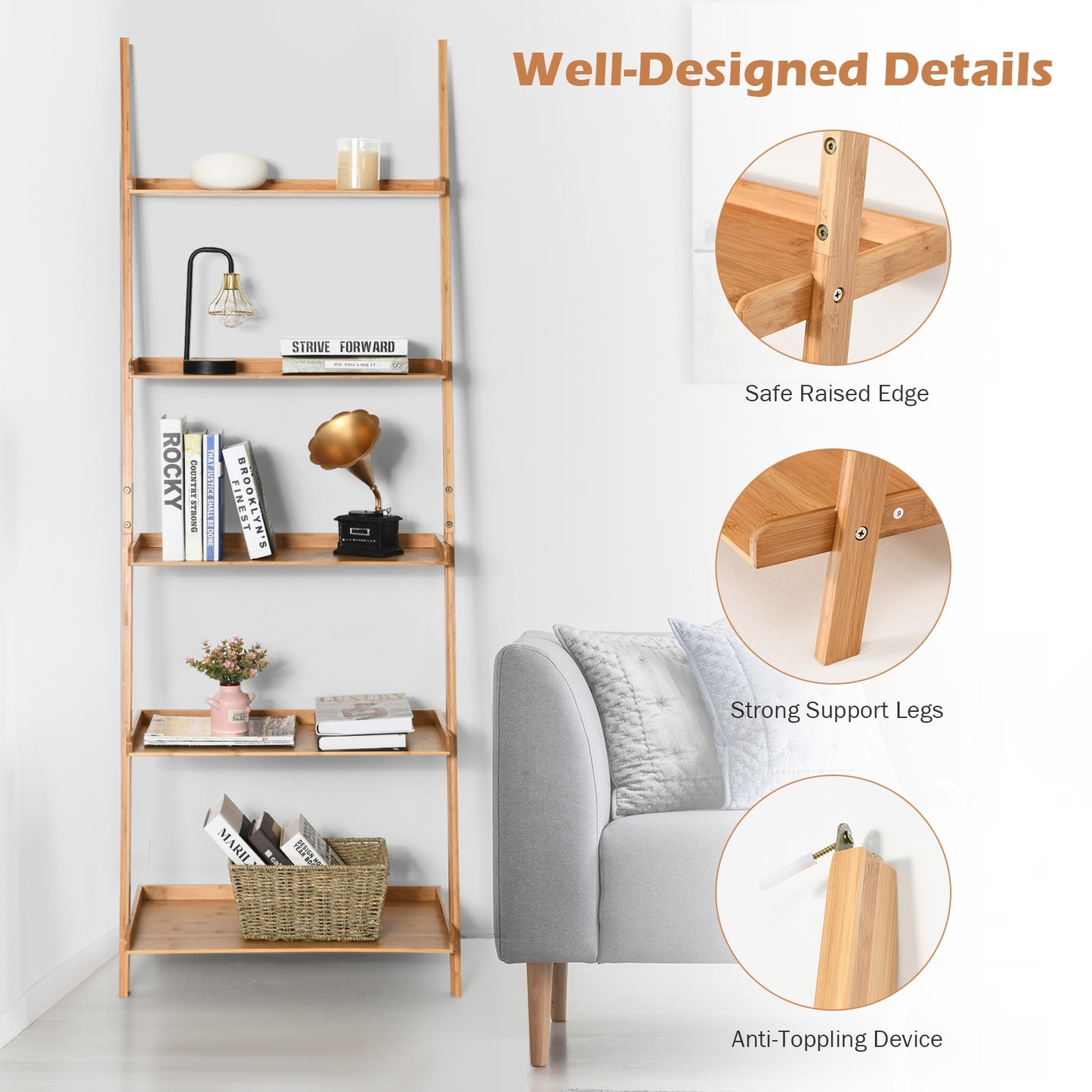 5-Tier Ladder Shelf Bamboo Bookshelf Wall-Leaning Storage Display Plant Stand-Natural Kids Crystal