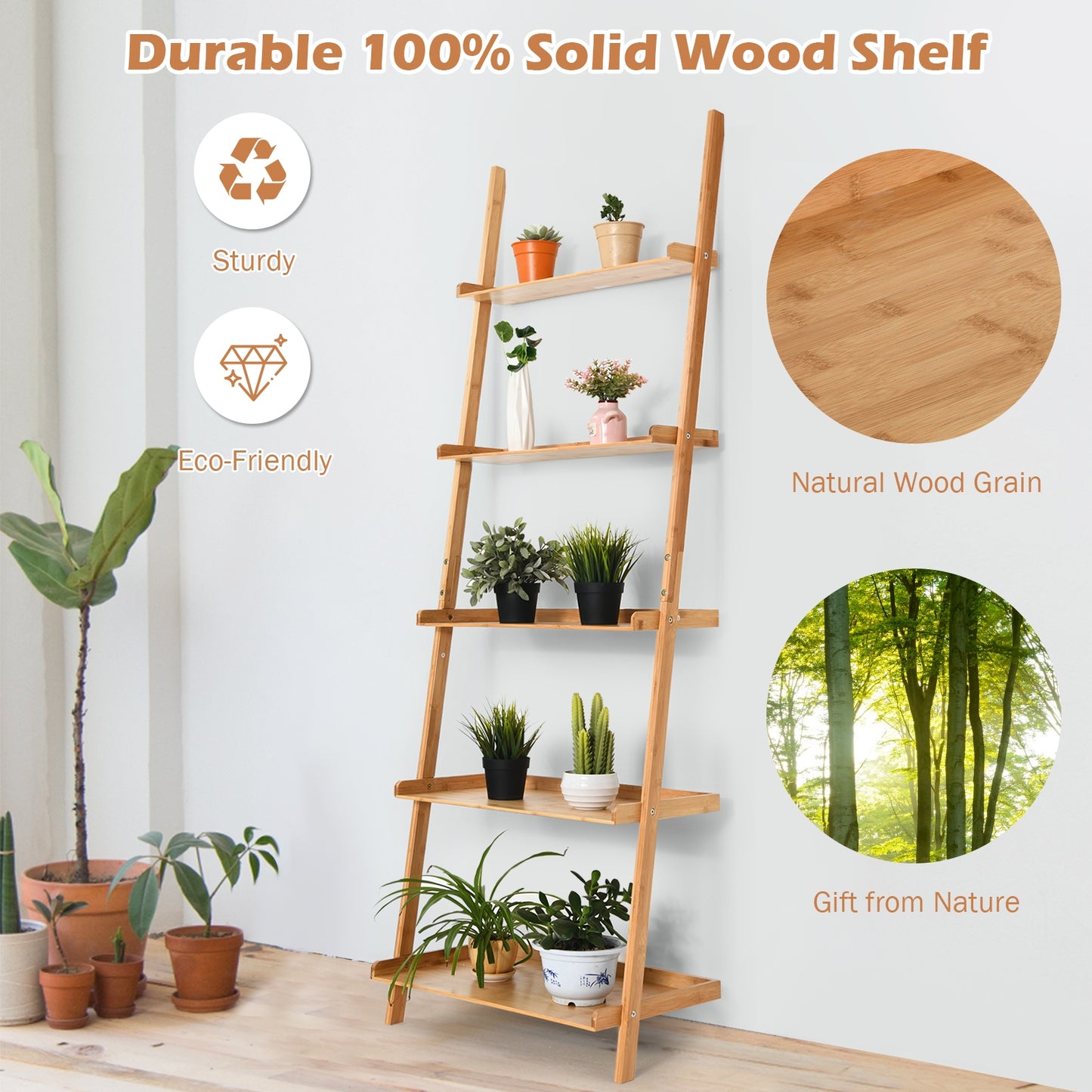 5-Tier Ladder Shelf Bamboo Bookshelf Wall-Leaning Storage Display Plant Stand-Natural Kids Crystal