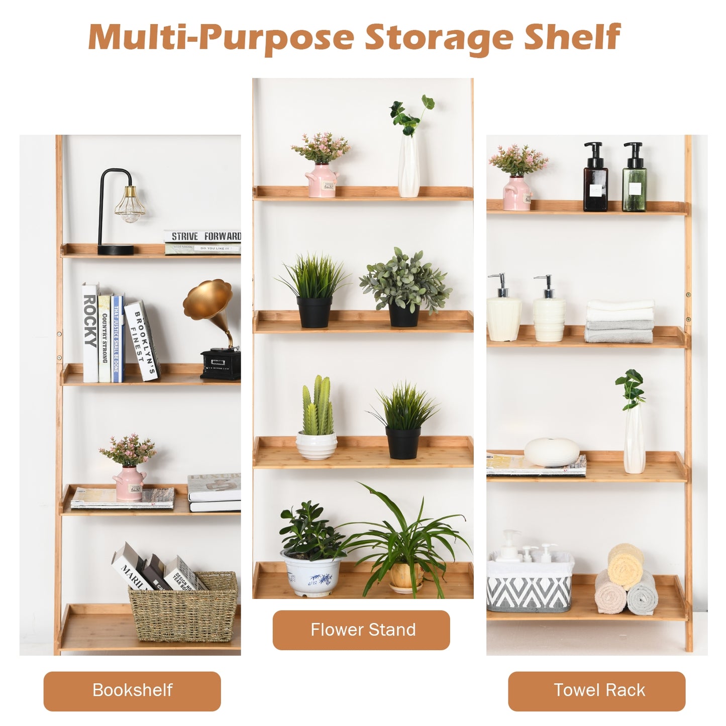 5-Tier Ladder Shelf Bamboo Bookshelf Wall-Leaning Storage Display Plant Stand-Natural Kids Crystal
