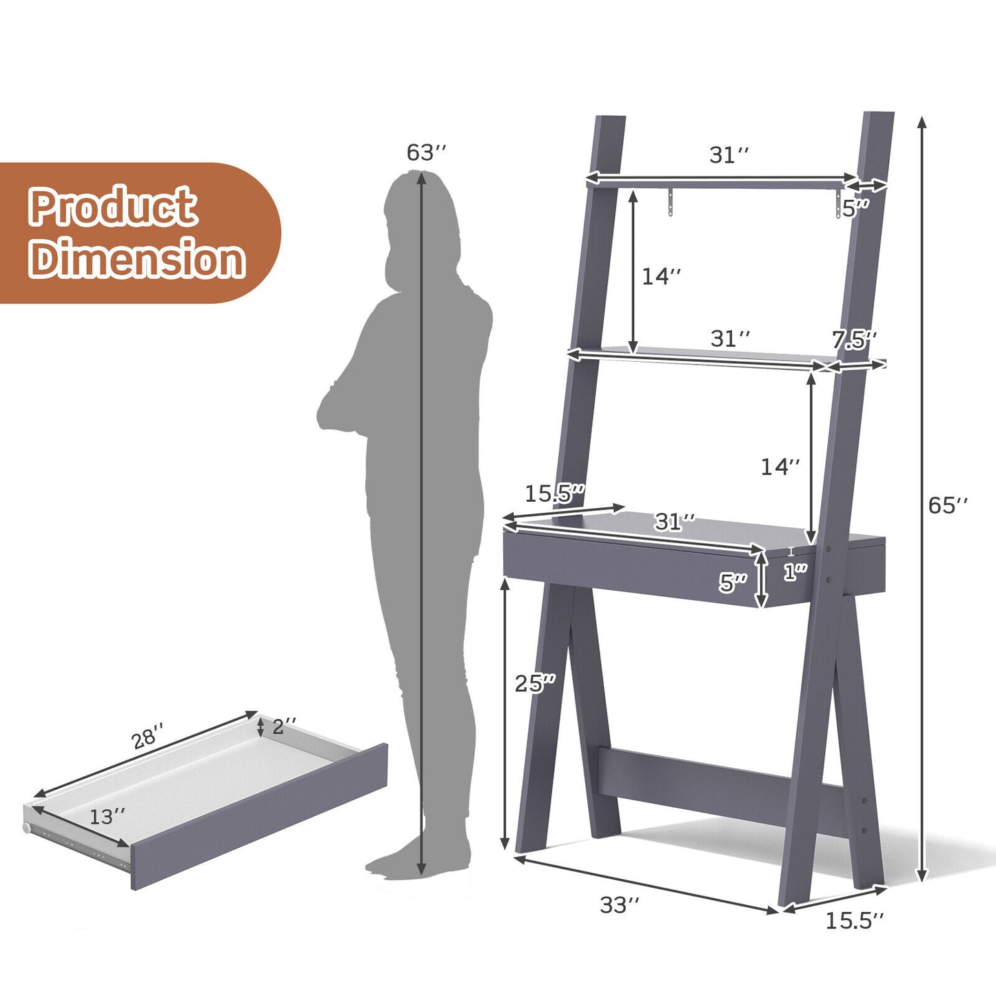 Ladder Shelf Desk Bookcase with Countertop  Drawer and 2 Shelves-Gray Kids Crystal