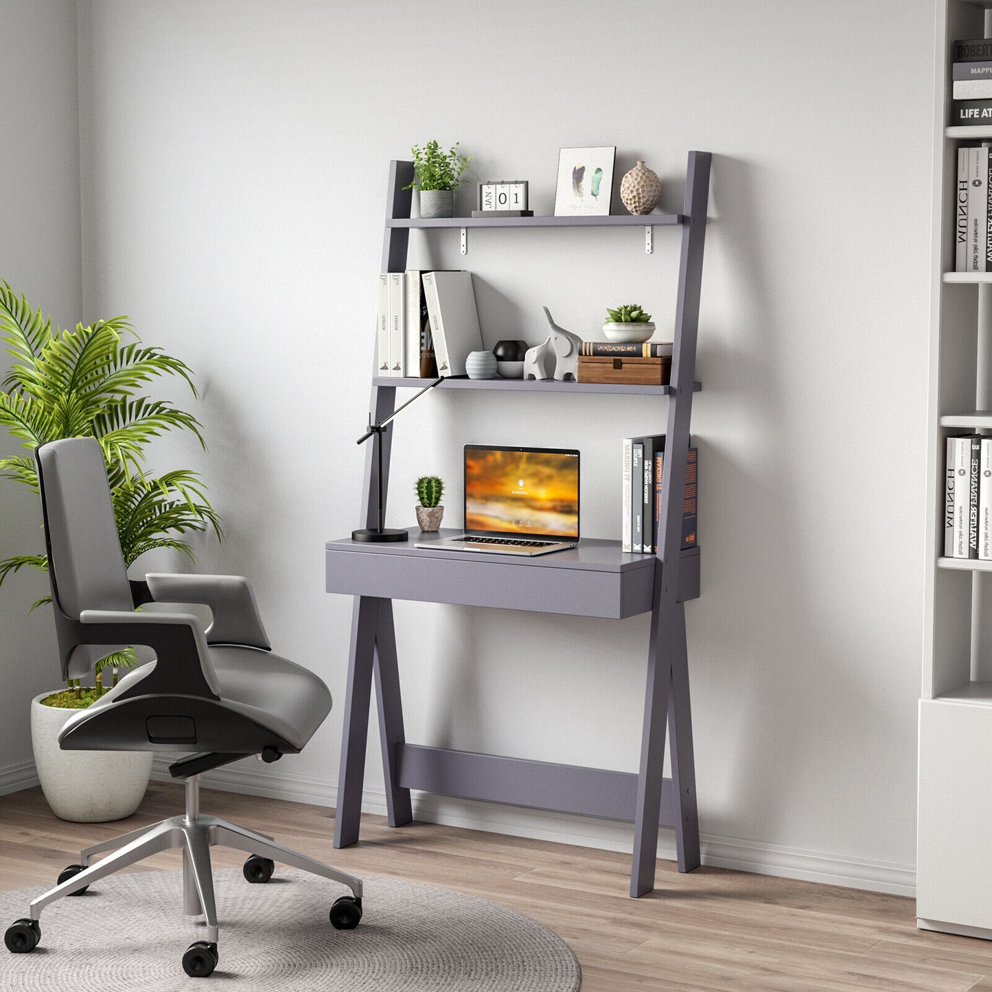 Ladder Shelf Desk Bookcase with Countertop  Drawer and 2 Shelves-Gray Kids Crystal