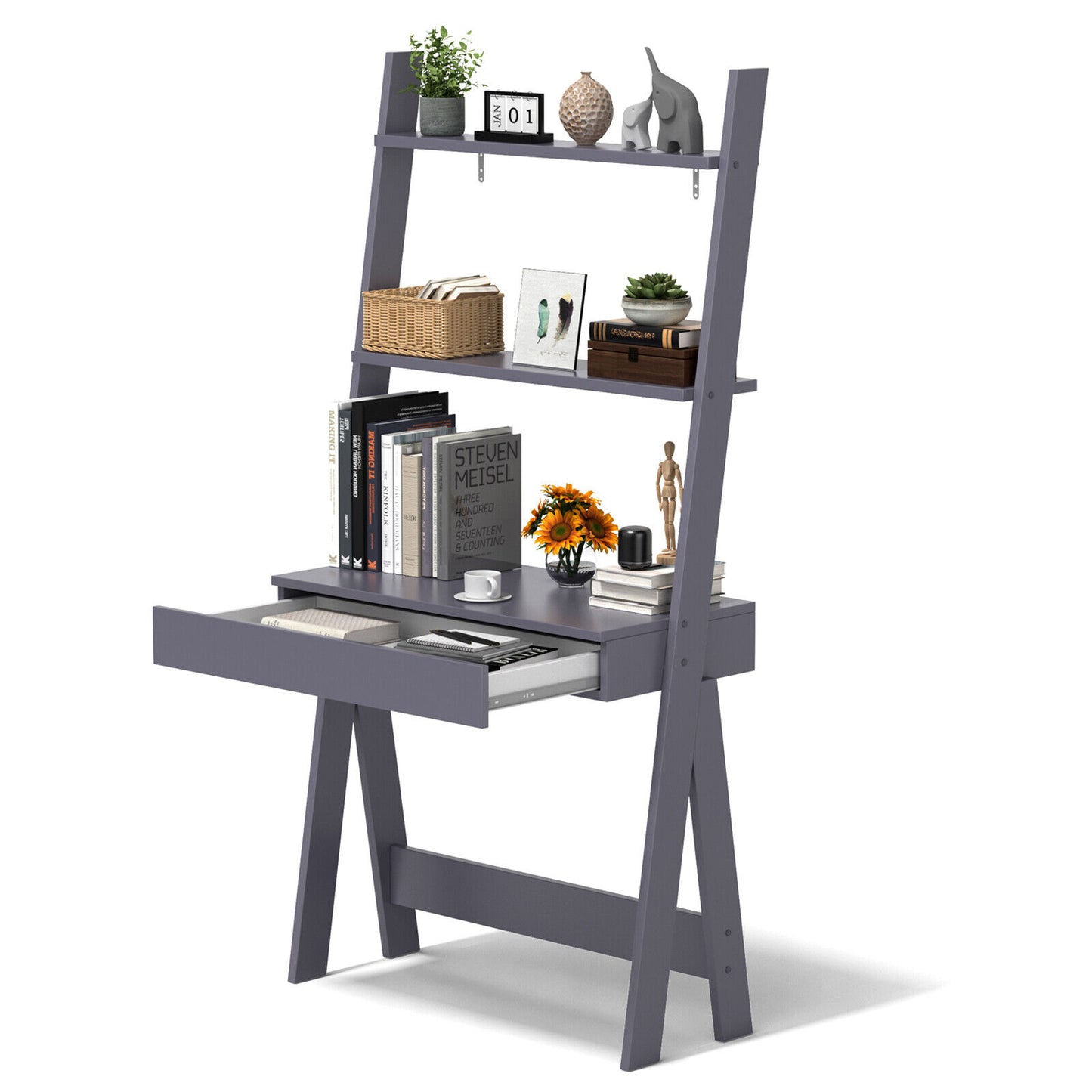 Ladder Shelf Desk Bookcase with Countertop  Drawer and 2 Shelves-Gray Kids Crystal