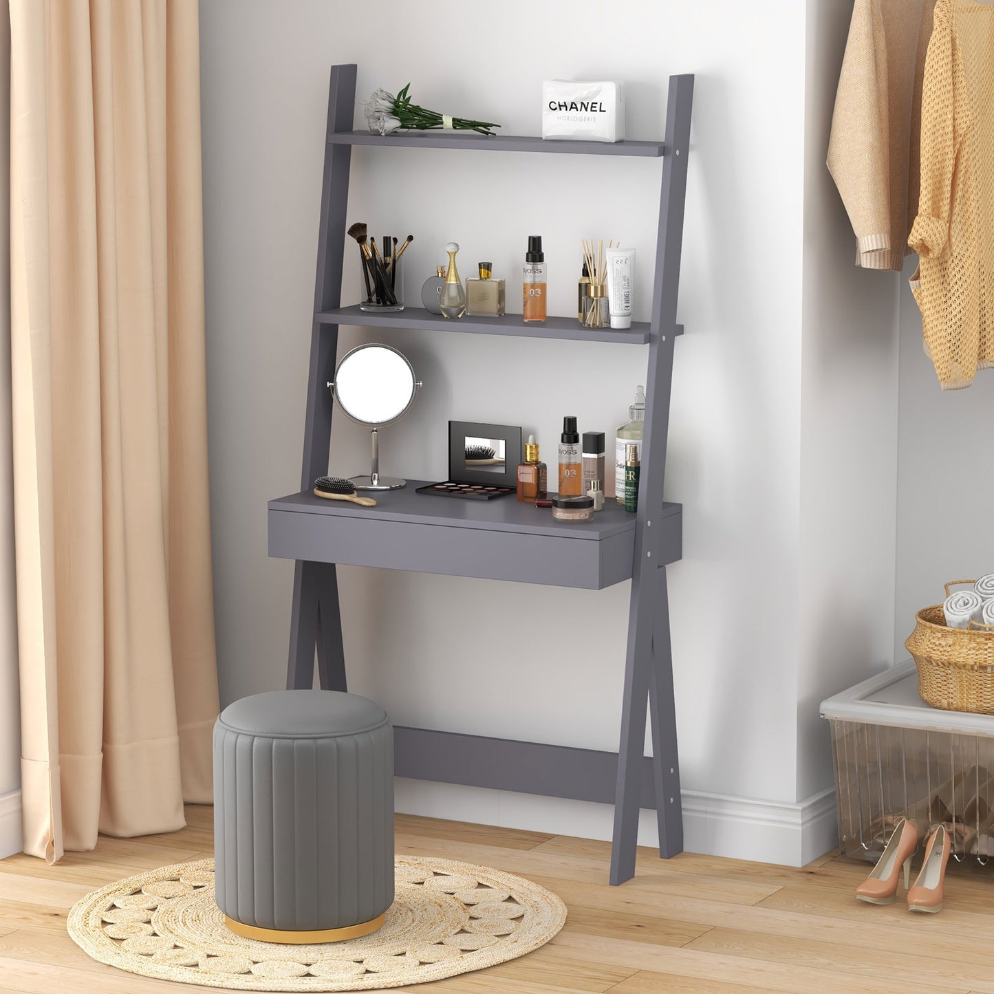 Ladder Shelf Desk Bookcase with Countertop  Drawer and 2 Shelves-Gray Kids Crystal