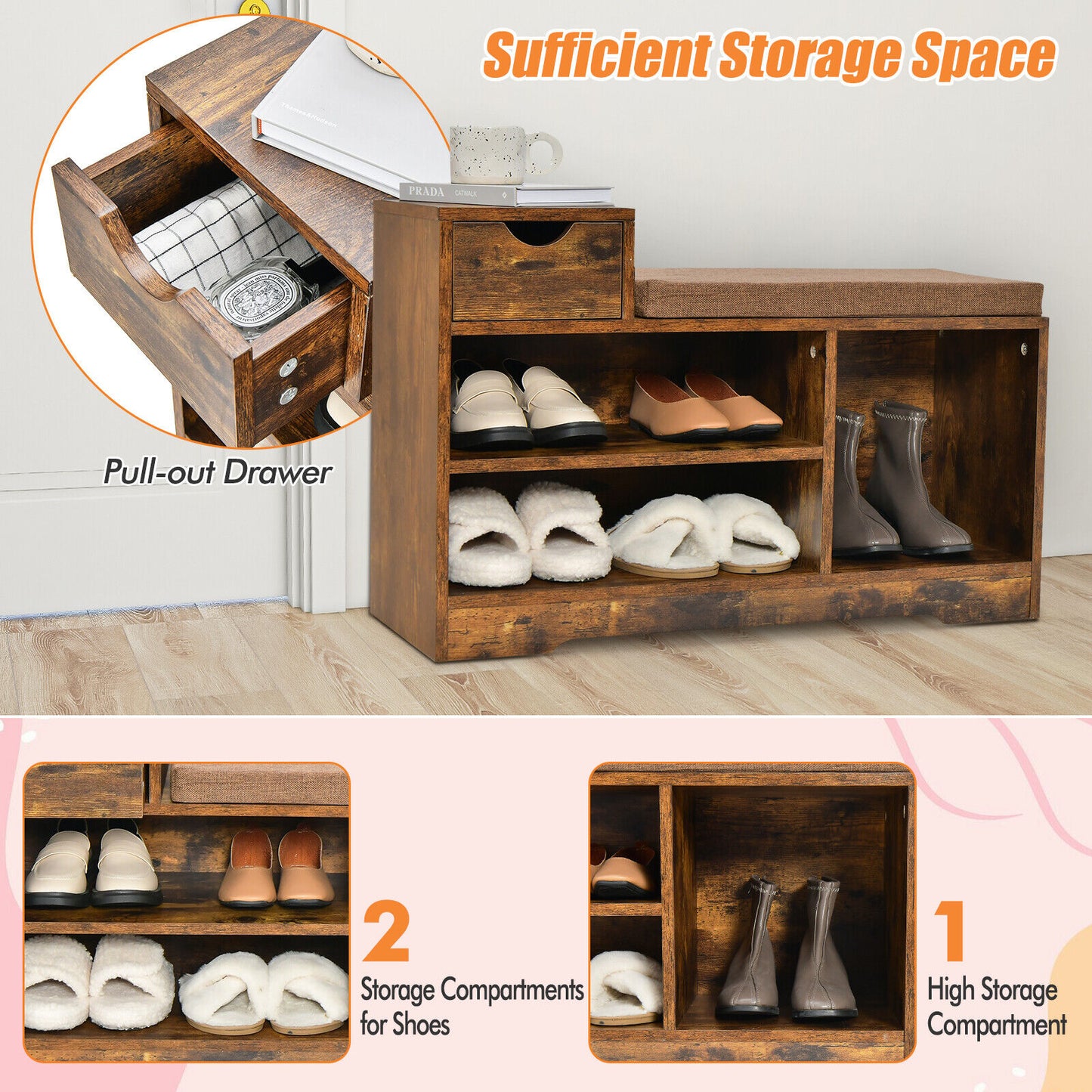 Entryway Storage Shoe Bench with 1 Storage Drawer and 3 Open Compartments-Rustic Brown Kids Crystal