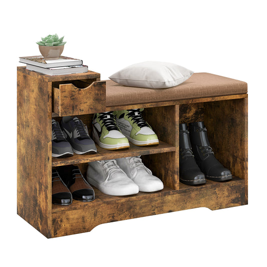 Entryway Storage Shoe Bench with 1 Storage Drawer and 3 Open Compartments-Rustic Brown Kids Crystal