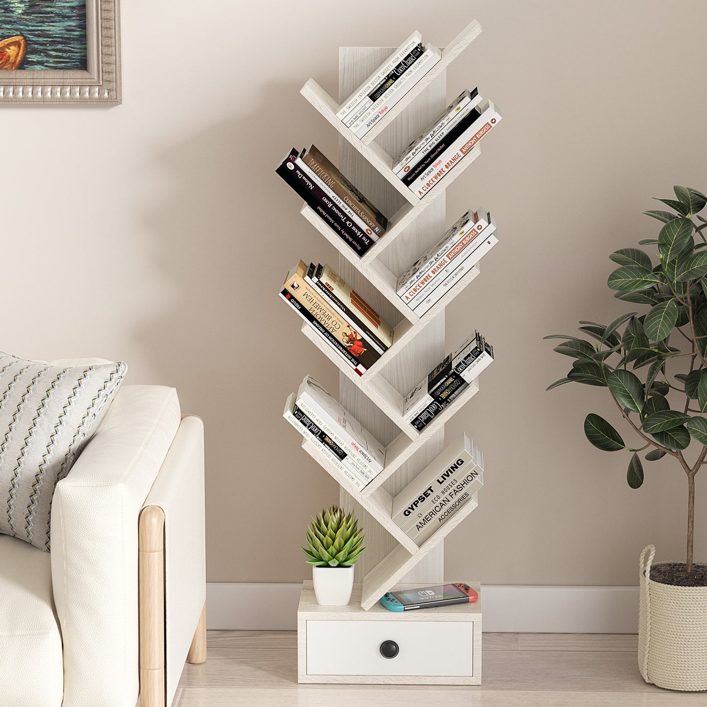 10-Tier Tree Bookshelf with Drawer and Anti-Tipping Kit-Beige Kids Crystal