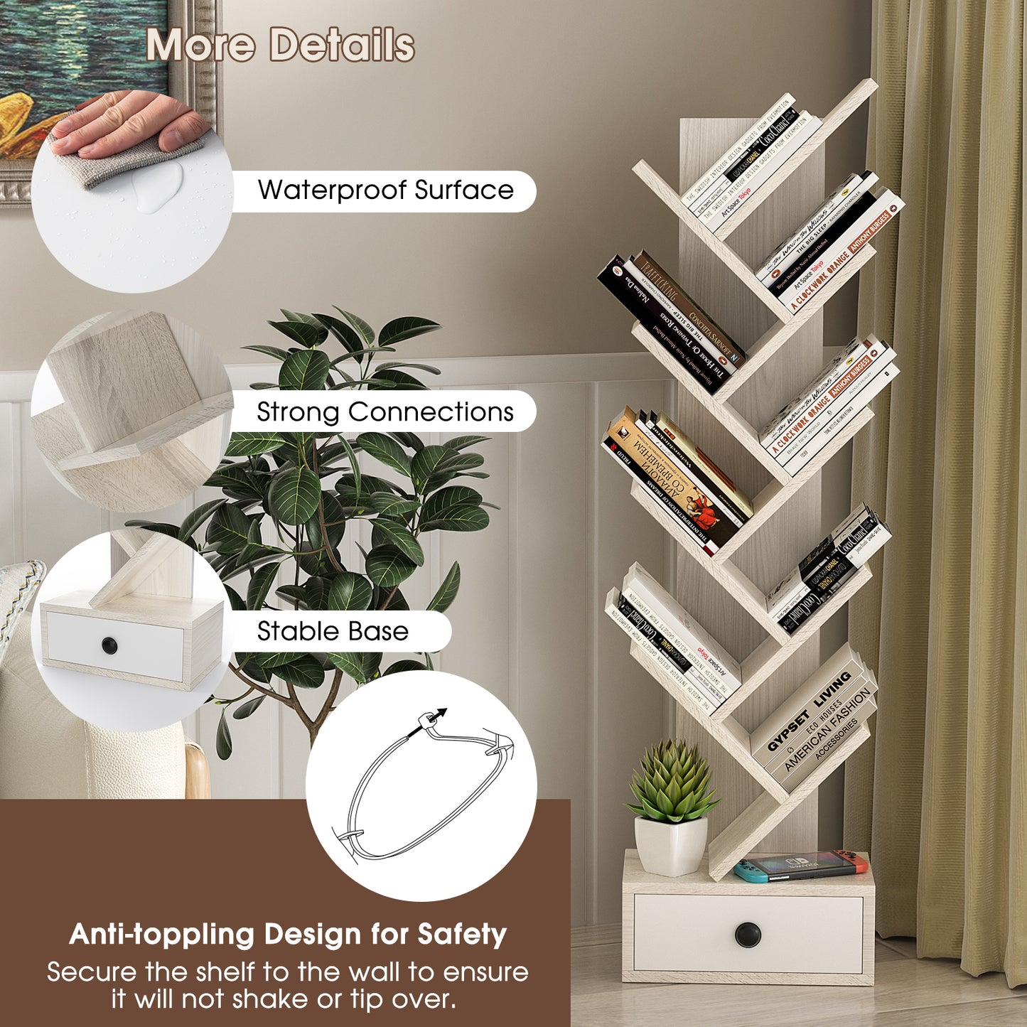 10-Tier Tree Bookshelf with Drawer and Anti-Tipping Kit-Beige Kids Crystal