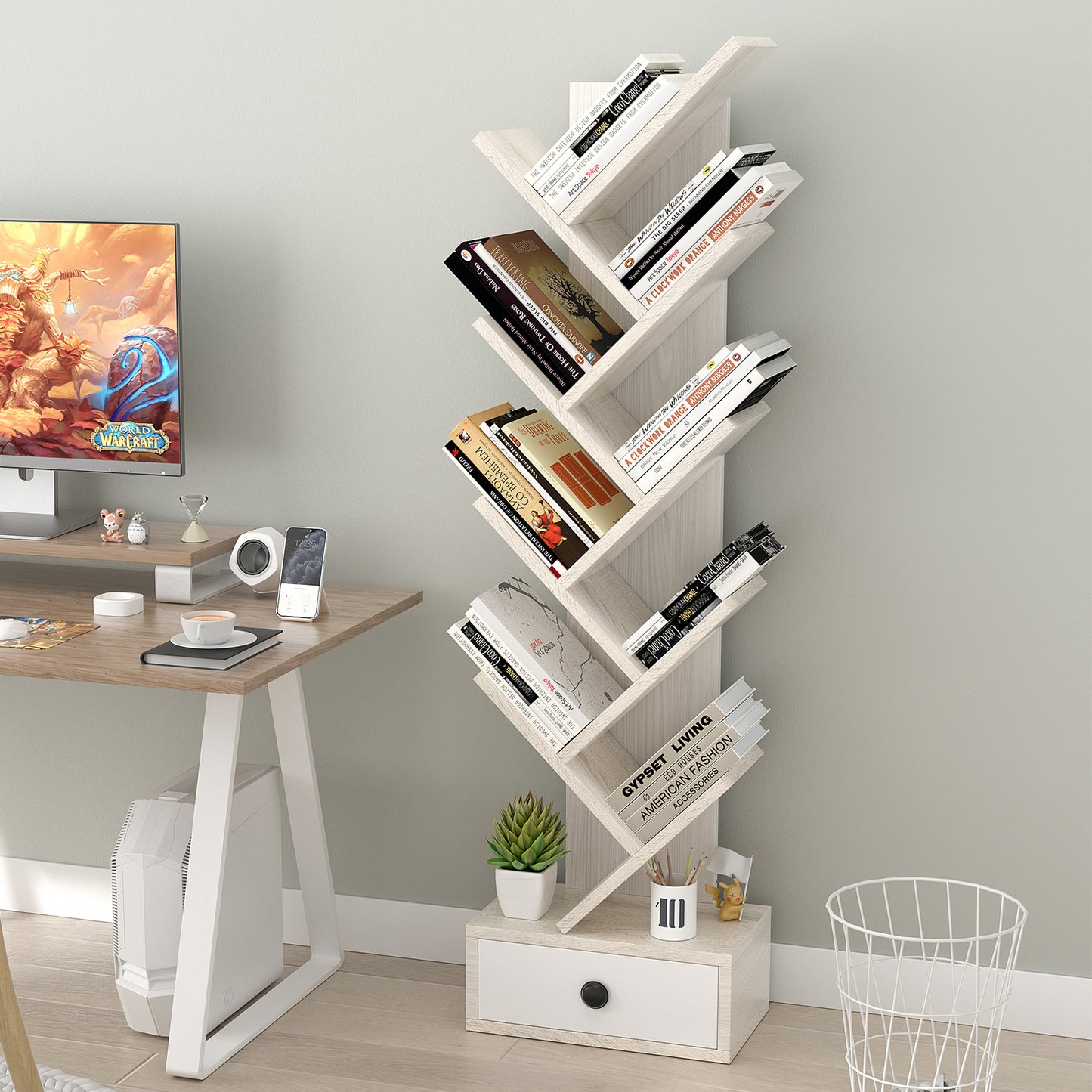 10-Tier Tree Bookshelf with Drawer and Anti-Tipping Kit-Beige Kids Crystal
