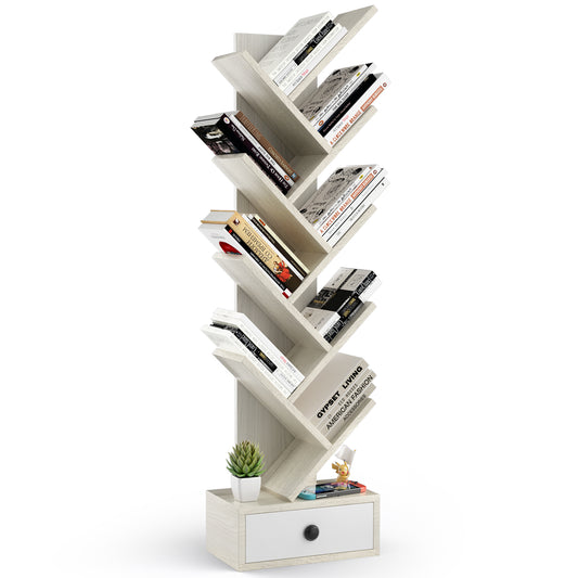 10-Tier Tree Bookshelf with Drawer and Anti-Tipping Kit-Beige Kids Crystal