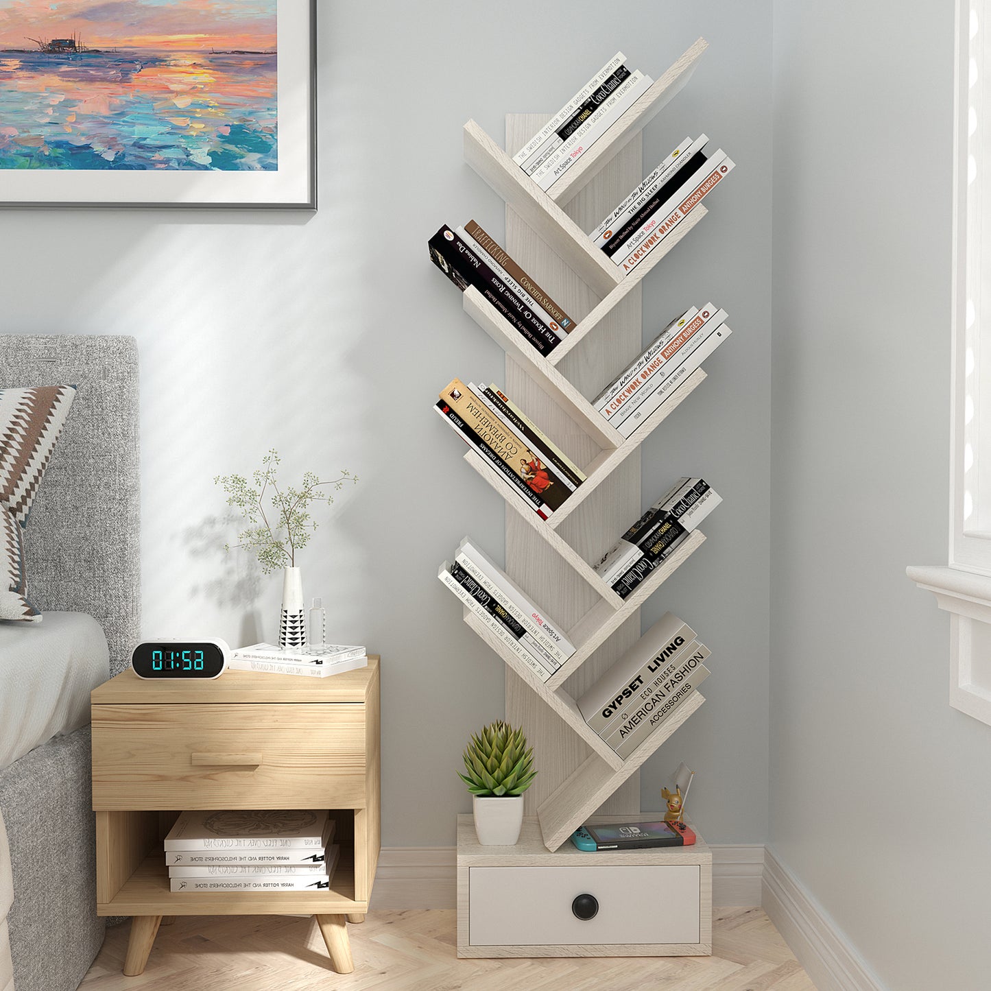 10-Tier Tree Bookshelf with Drawer and Anti-Tipping Kit-Beige Kids Crystal